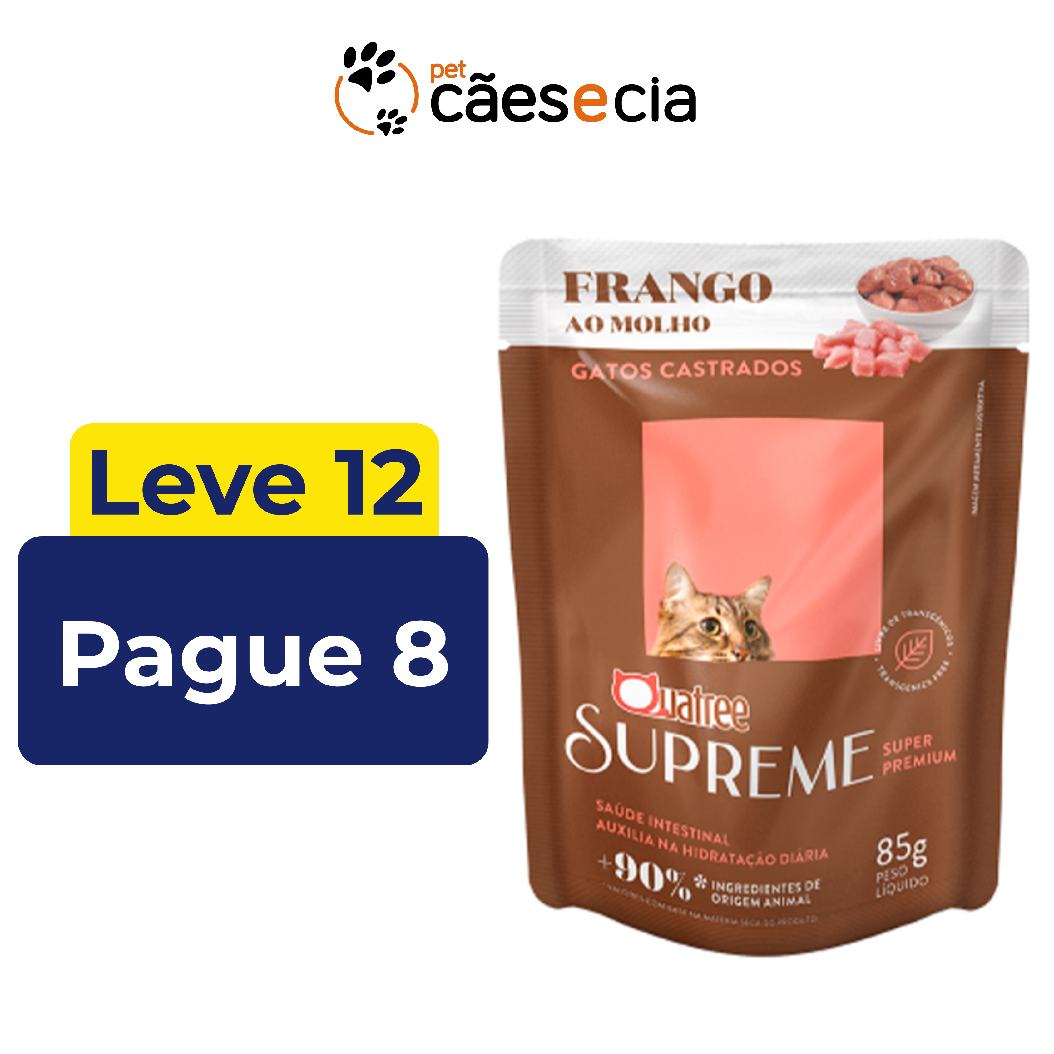 Sachê Úmido Quatree Supreme para Gatos Castrados Sabor Frango ao Molho 85g – Leve 12 Pague 8