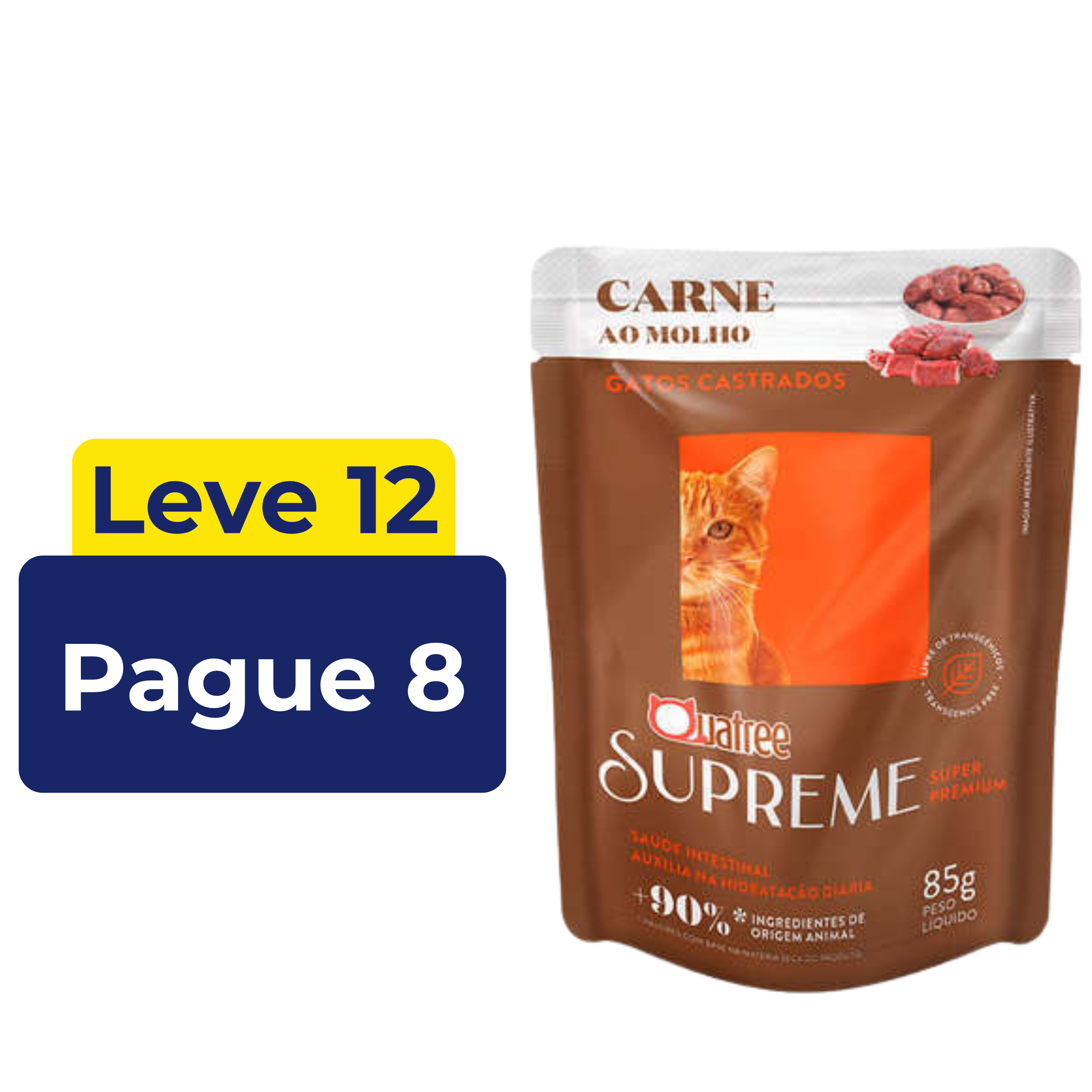 Sachê Úmido Quatree Supreme para Gatos Castrados Sabor Carne ao Molho 85g – Leve 12 Pague 8