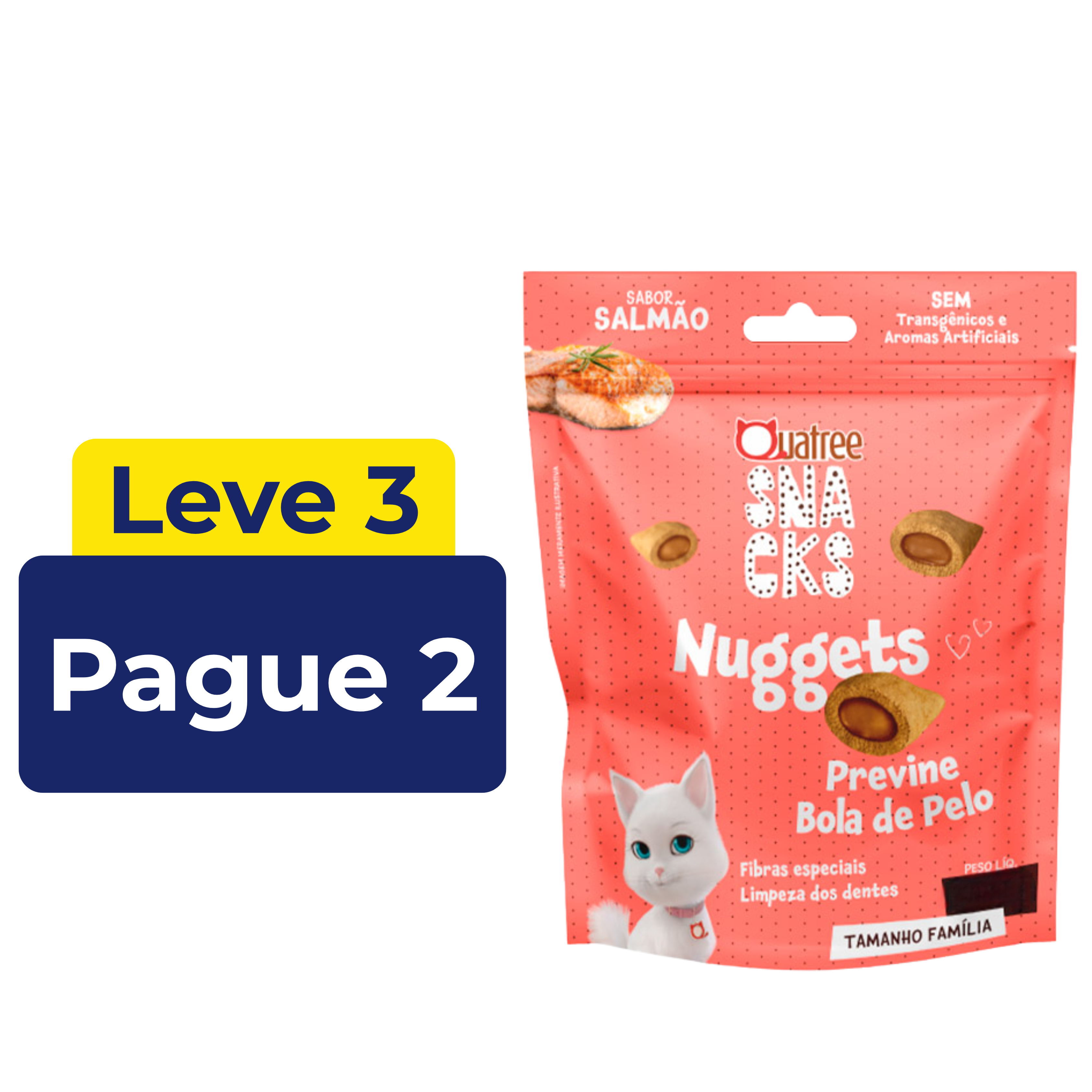 Snack Quatree Nuggets Previne Bola de Pelo para Gatos Sabor Salmão 150g – Leve 3 Pague 2