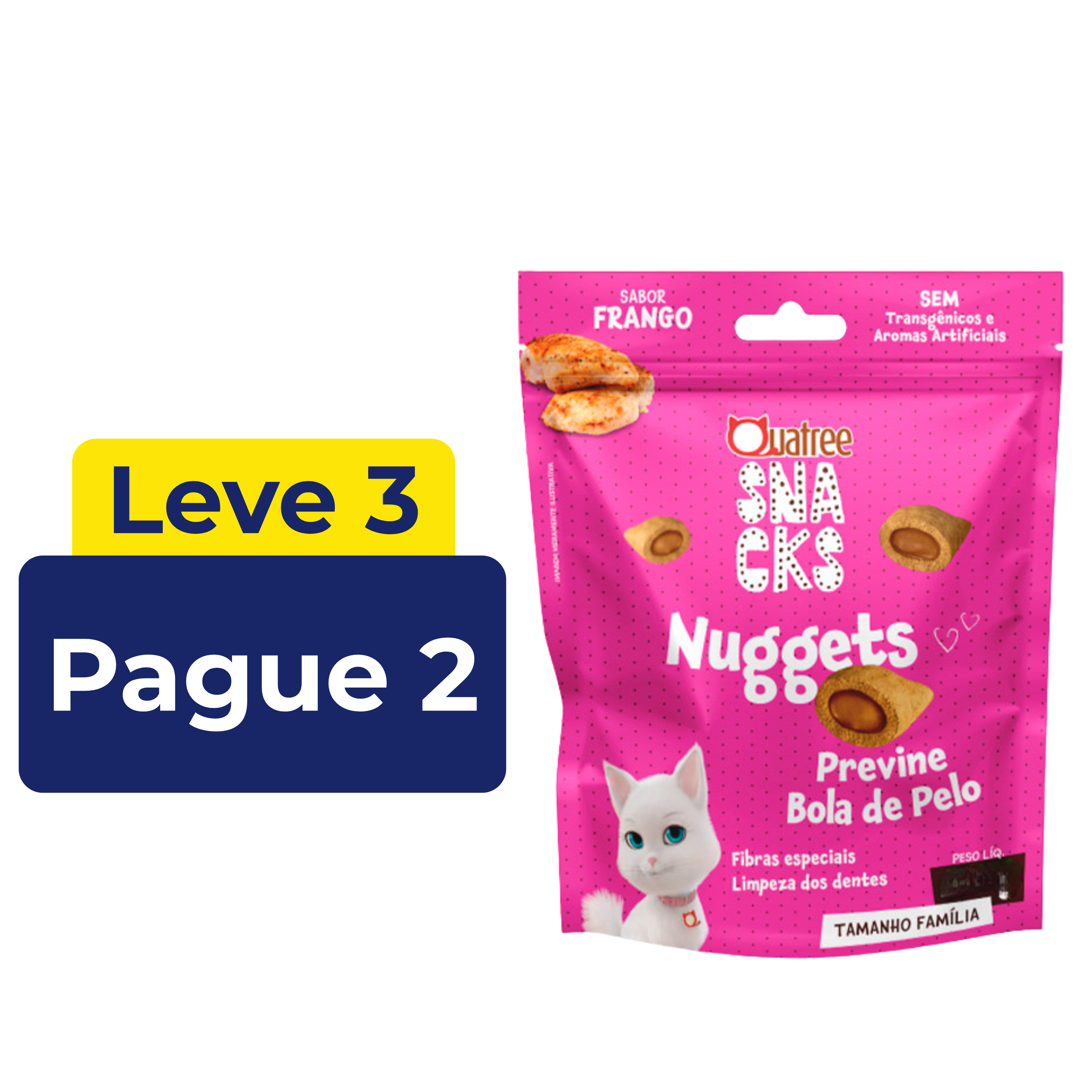 Snack Quatree Nuggets Previne Bola de Pelo para Gatos Sabor Frango 150g – Leve 3 Pague 2