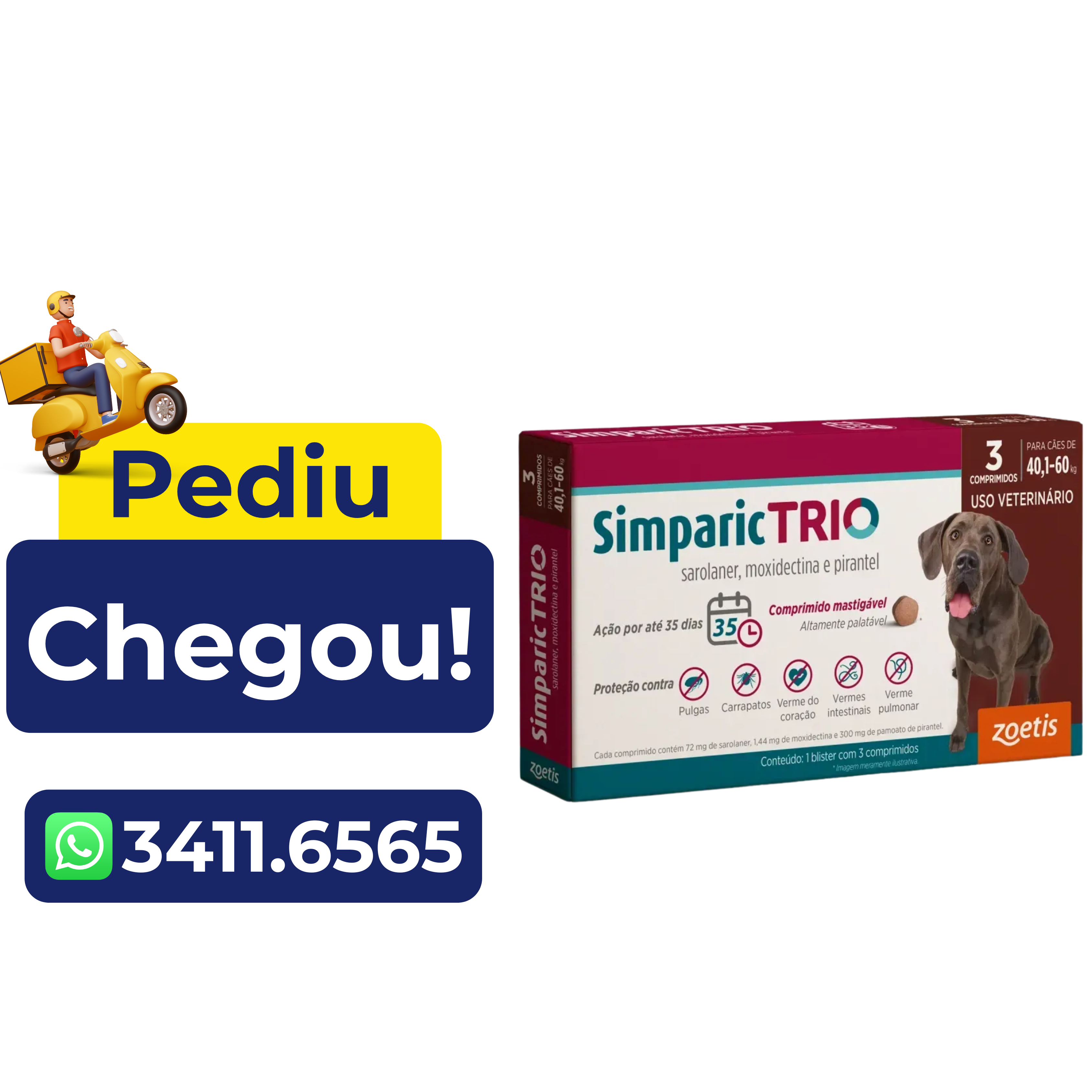 Antipulgas e Carrapatos Simparic Trio 12mg (40,1 A 60kg) 3 Comprimidos