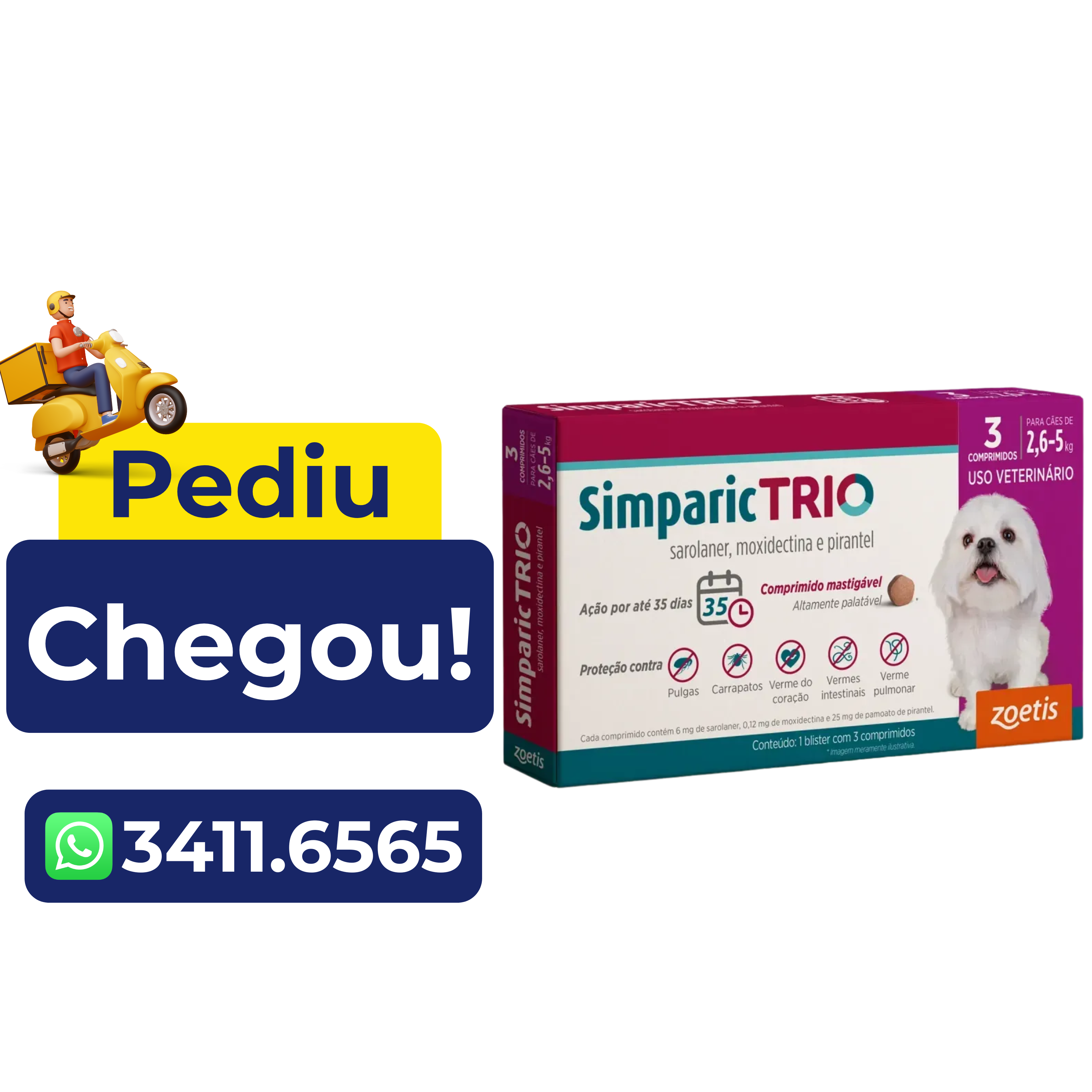 Antipulgas e Carrapatos Simparic Trio 6mg (2,6 a 5kg ) 3 Comprimidos