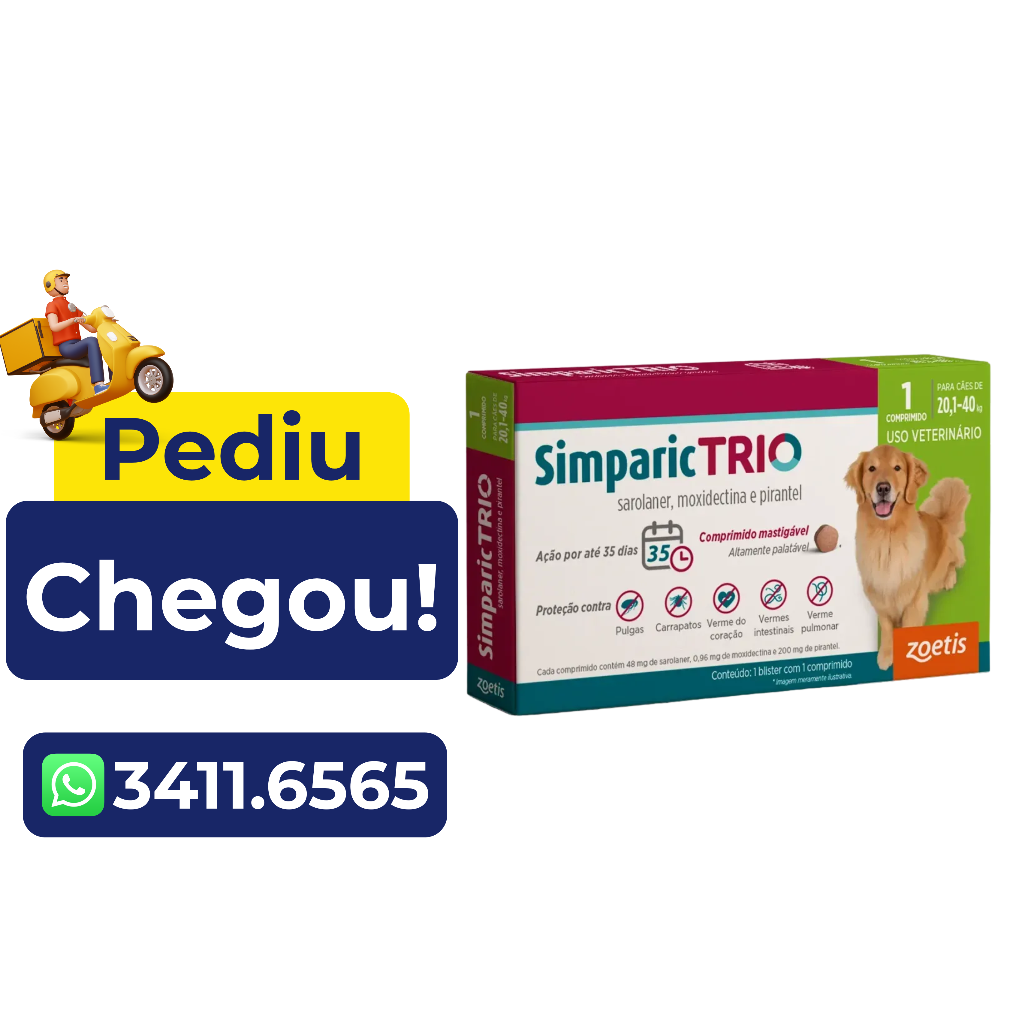 Antipulgas e Carrapatos Simparic Trio 48mg (20,1 A 40kg ) 1 Comprimidos