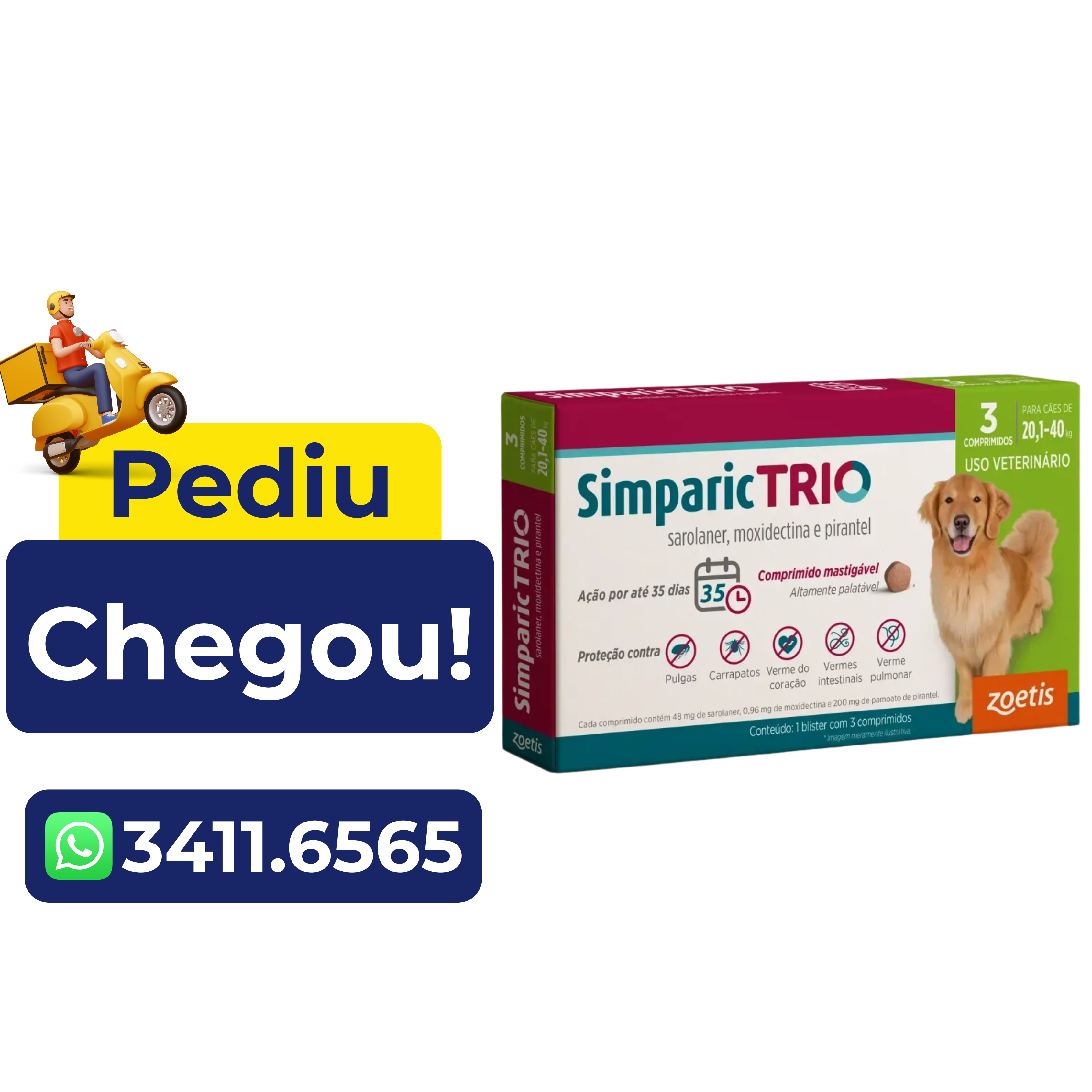 Antipulgas e Carrapatos Simparic Trio 12mg (20,1 a 40kg) 3 Comprimidos