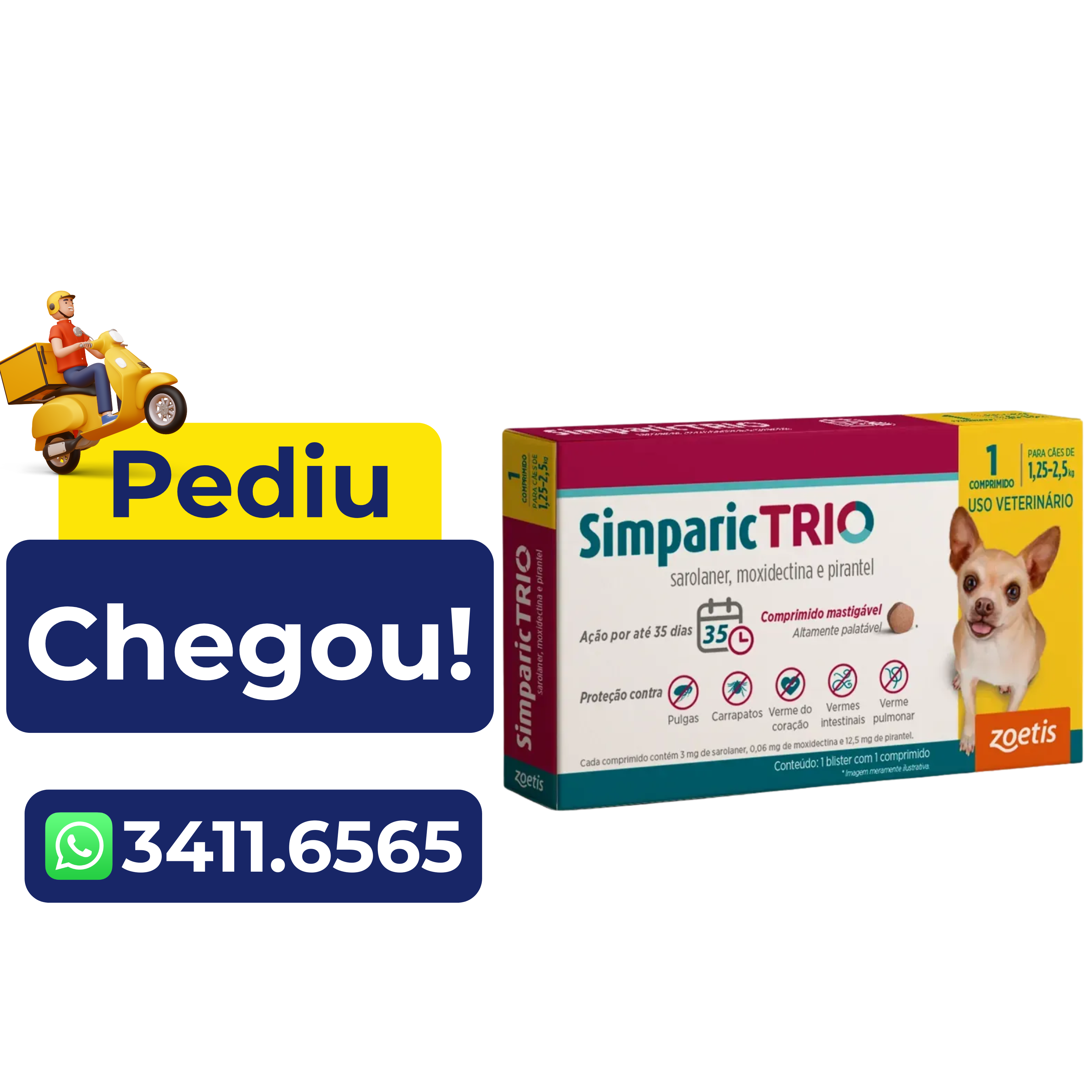 Antipulgas e Carrapatos Simparic Trio 3mg (1,25 a 2,5kg) 3 Comprimidos