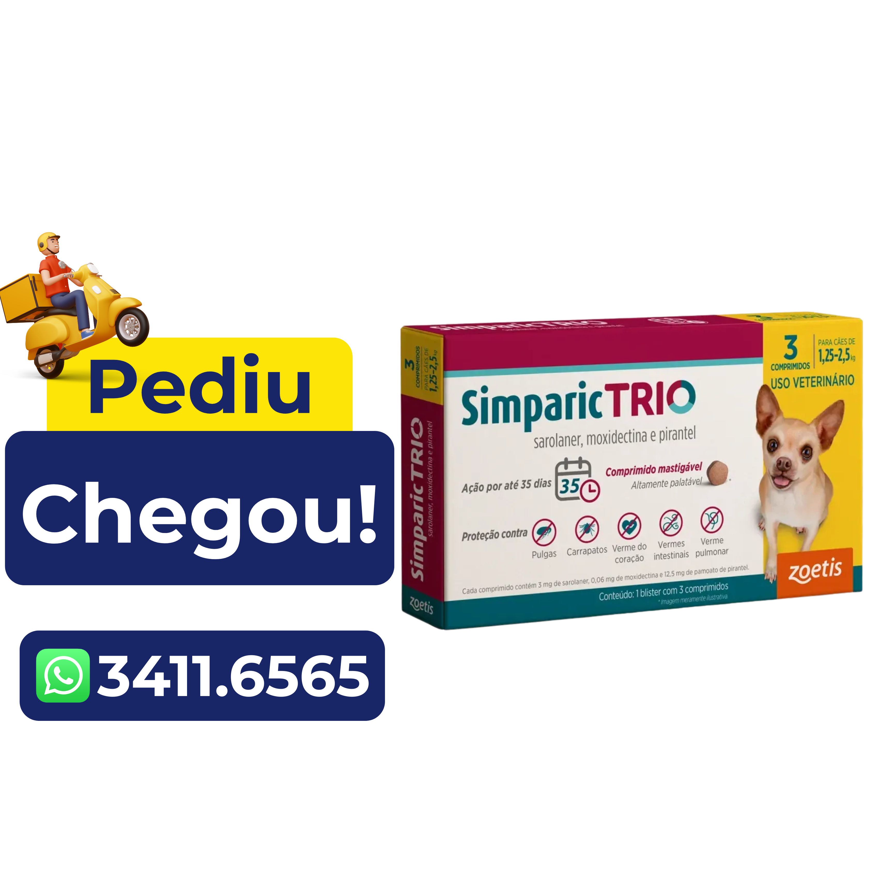 Antipulgas e Carrapatos Simparic Trio 3mg (1,25 a 2,5kg) 1 Comprimidos