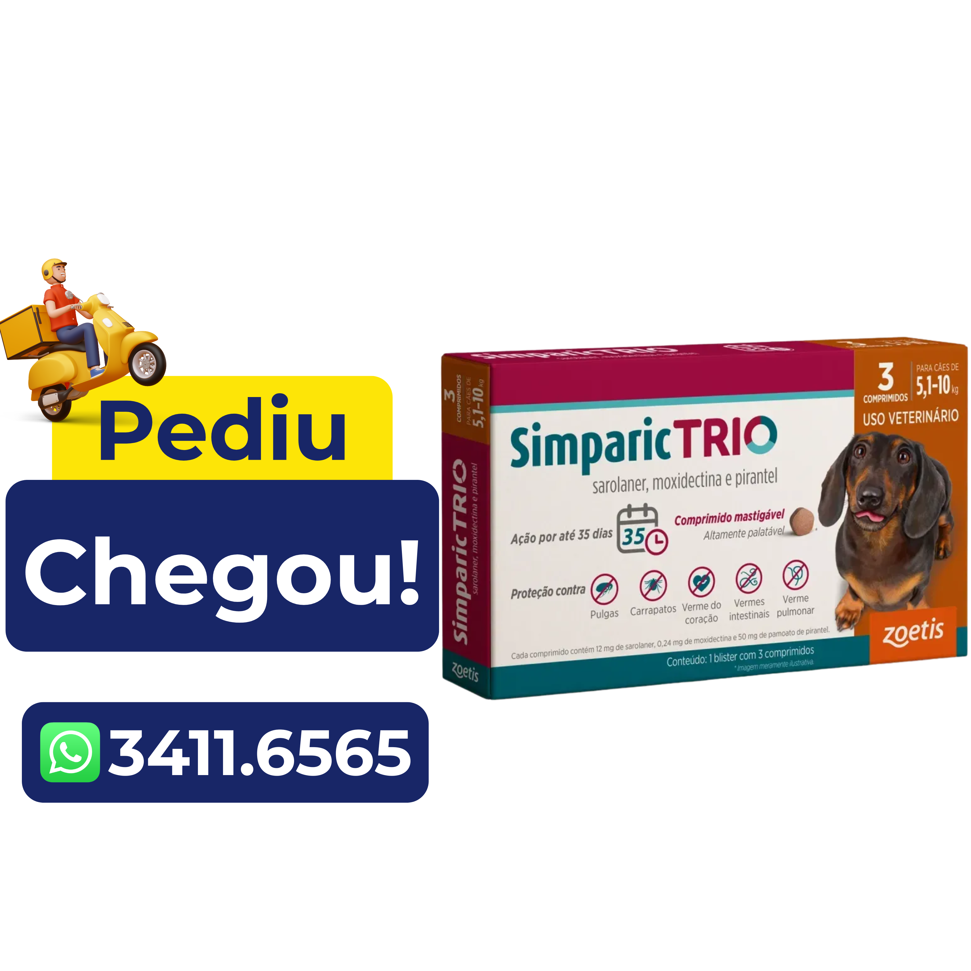Antipulgas e Carrapatos Simparic Trio 12mg (5,1 a 10kg ) 3 Comprimidos