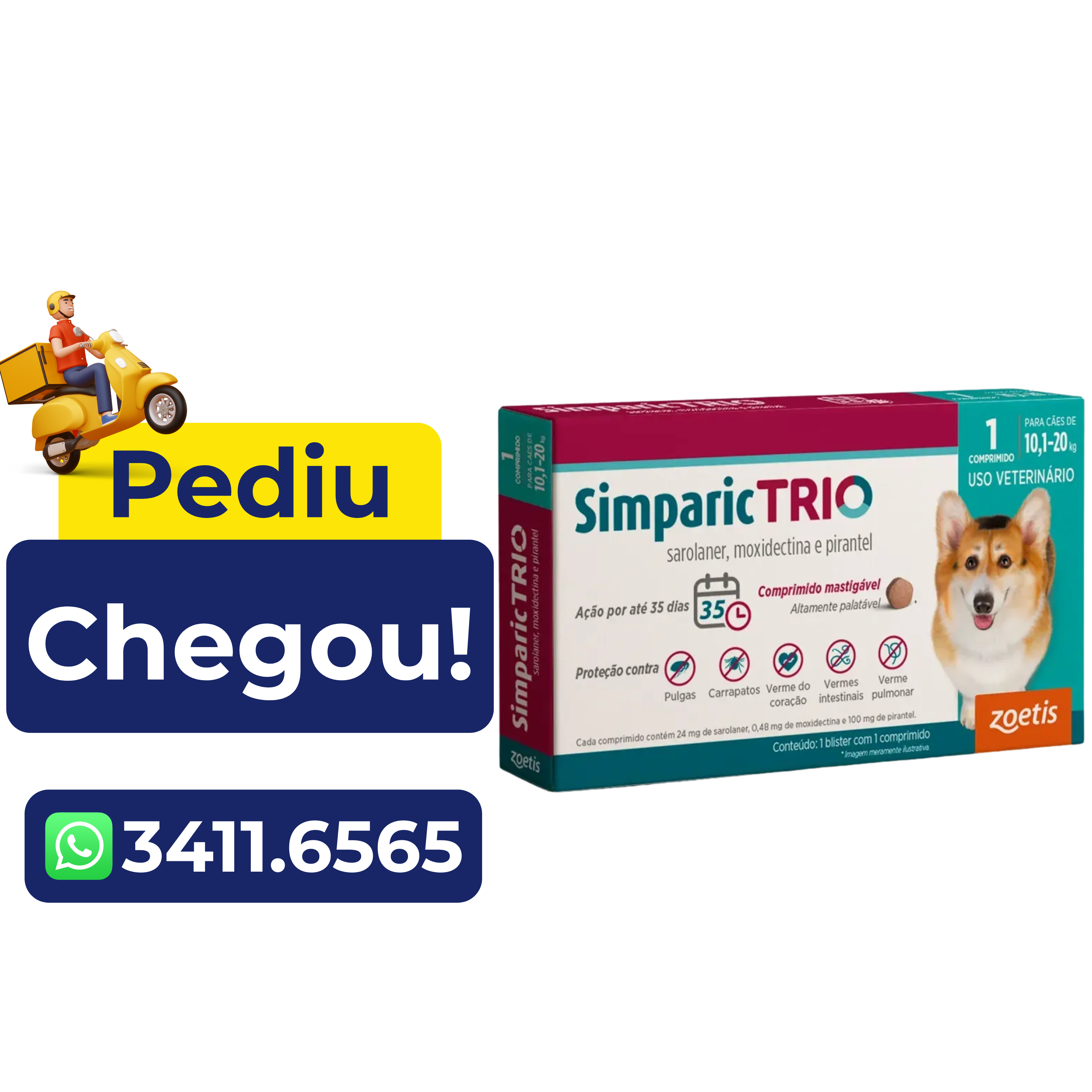 Antipulgas e Carrapatos Simparic Trio 24mg para Cães de 10,1 a 20 kg 1 Comprimidos