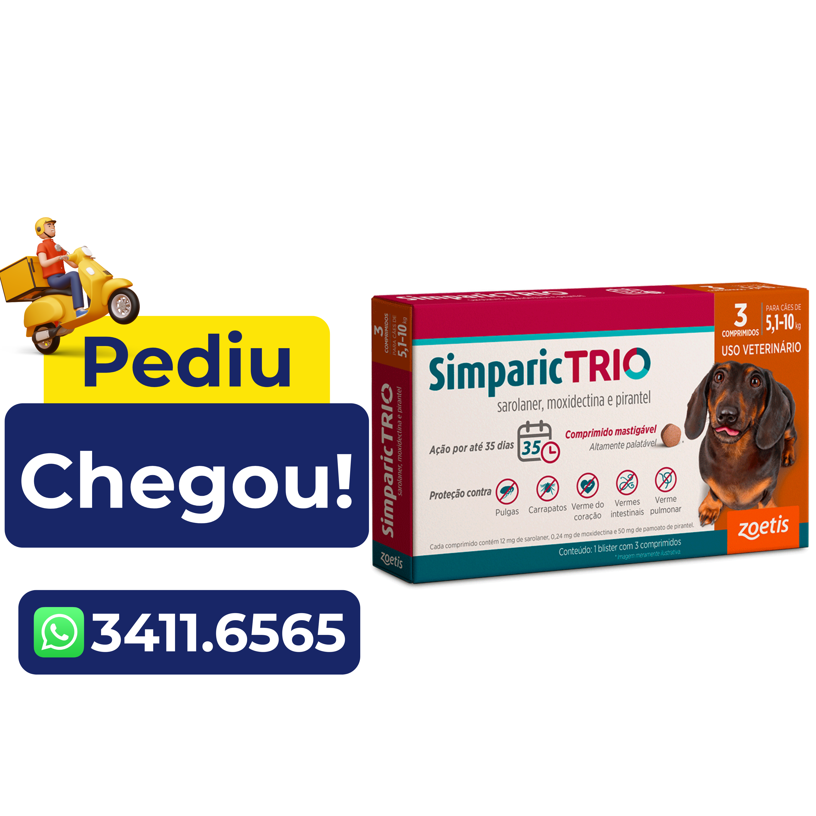 Antipulgas e Carrapatos Simparic Trio 12mg para Cães de 5,1 a 10kg 3 Comprimidos