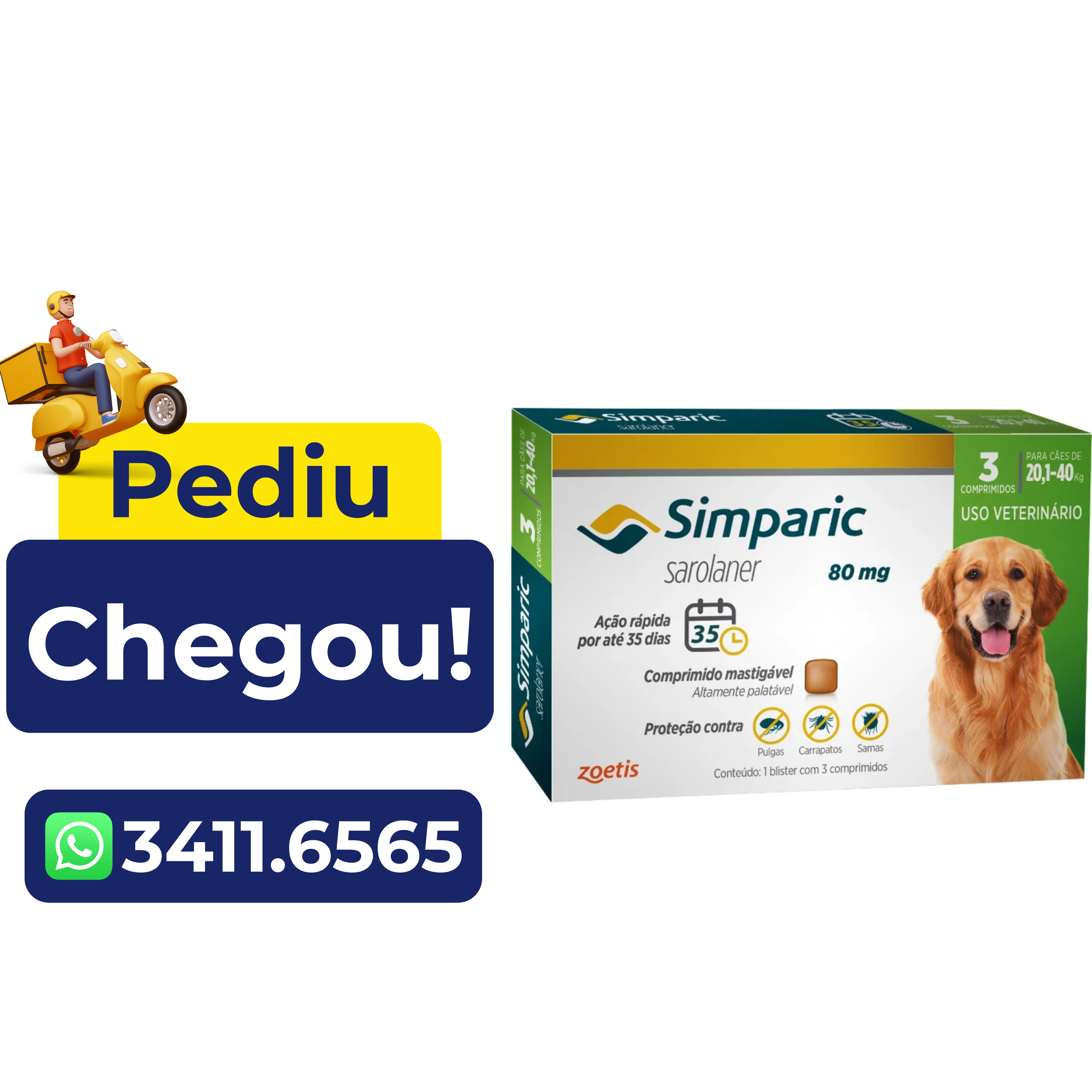 Antipulgas Simparic Zoetis 80mg para Cães com 20,1 kg a 40 kg – 3 Comprimidos