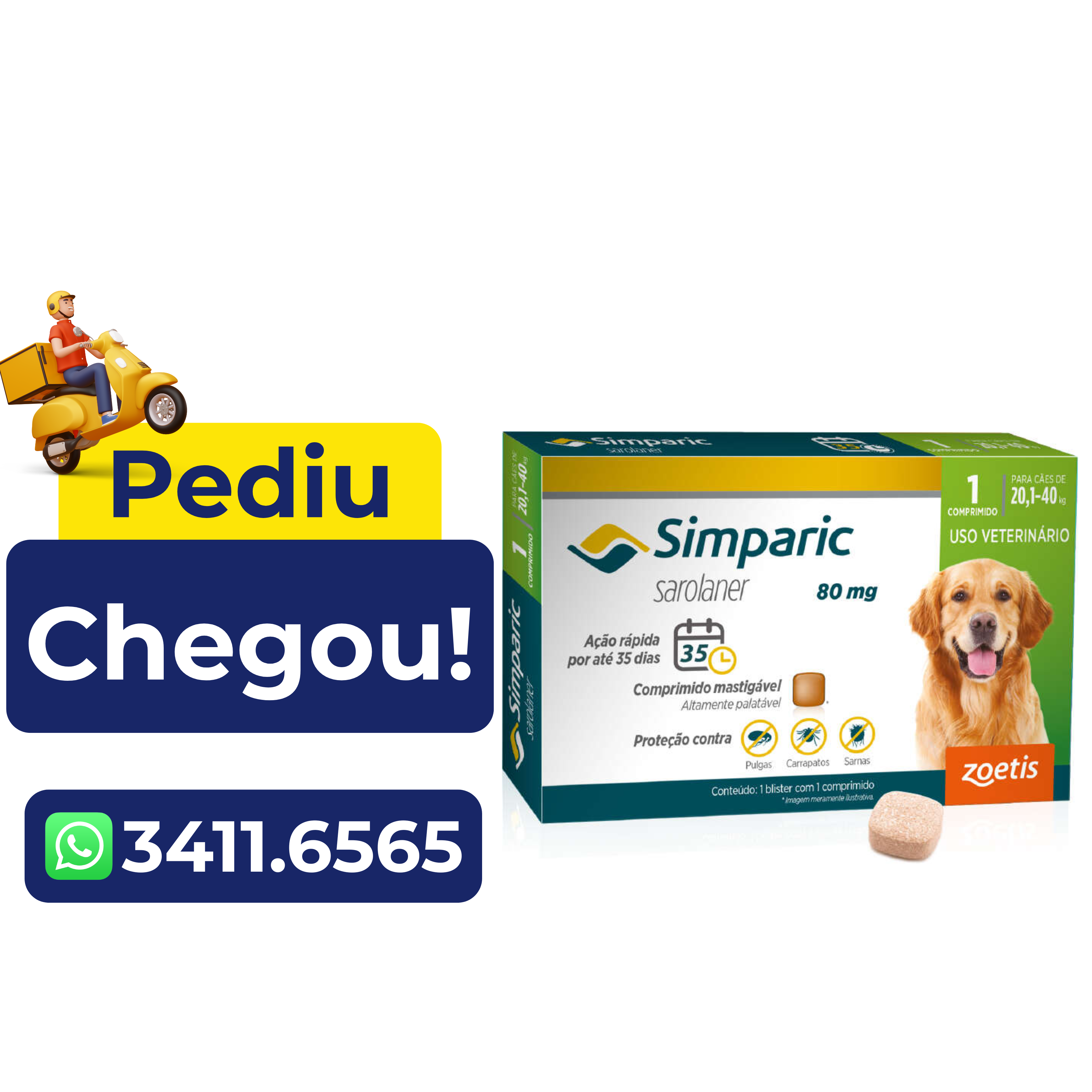 Antipulgas Simparic Zoetis 80 mg para Cães com 20,1 kg a 40 kg – 1 Comprimido