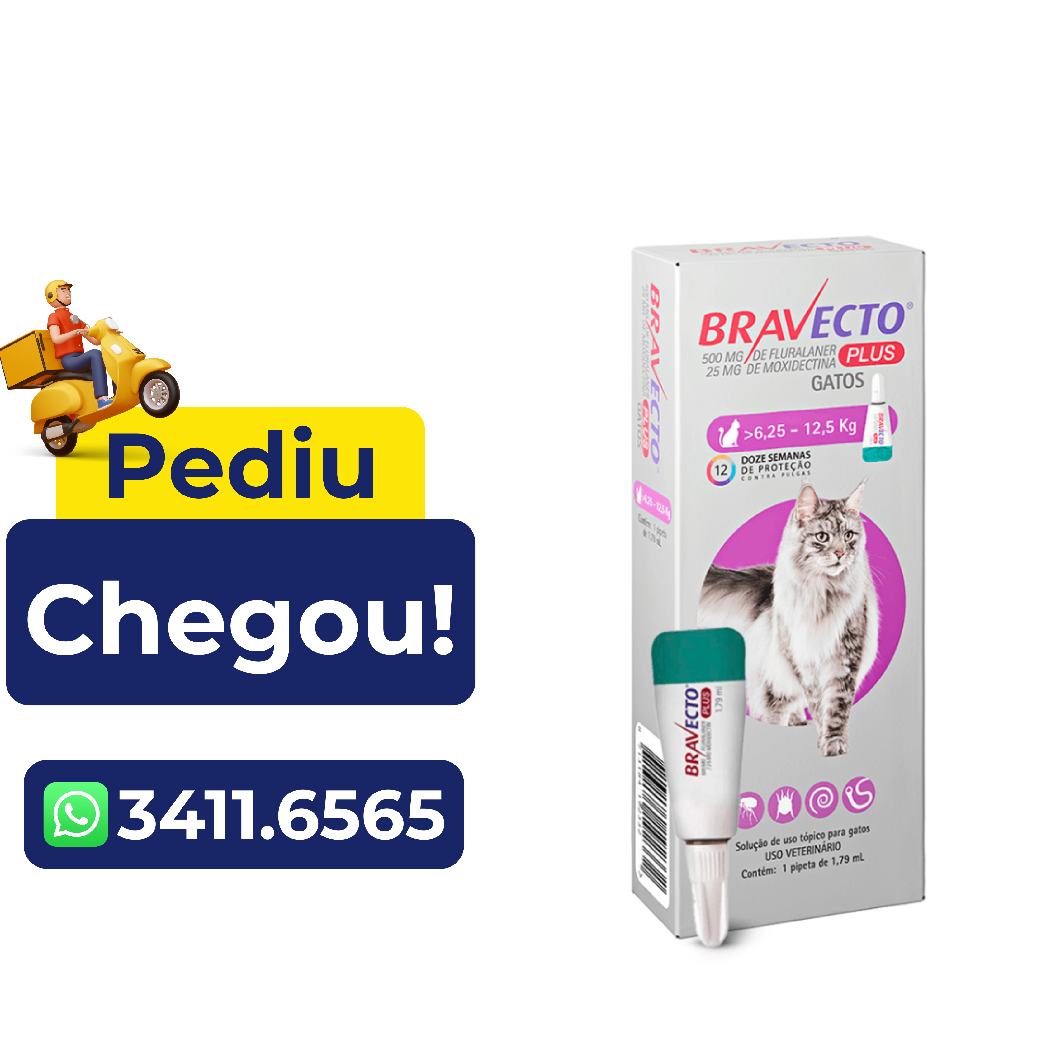 Antipulgas e Carrapatos Bravecto Plus para Gatos 500Mg – 6,25 a 12,5Kg