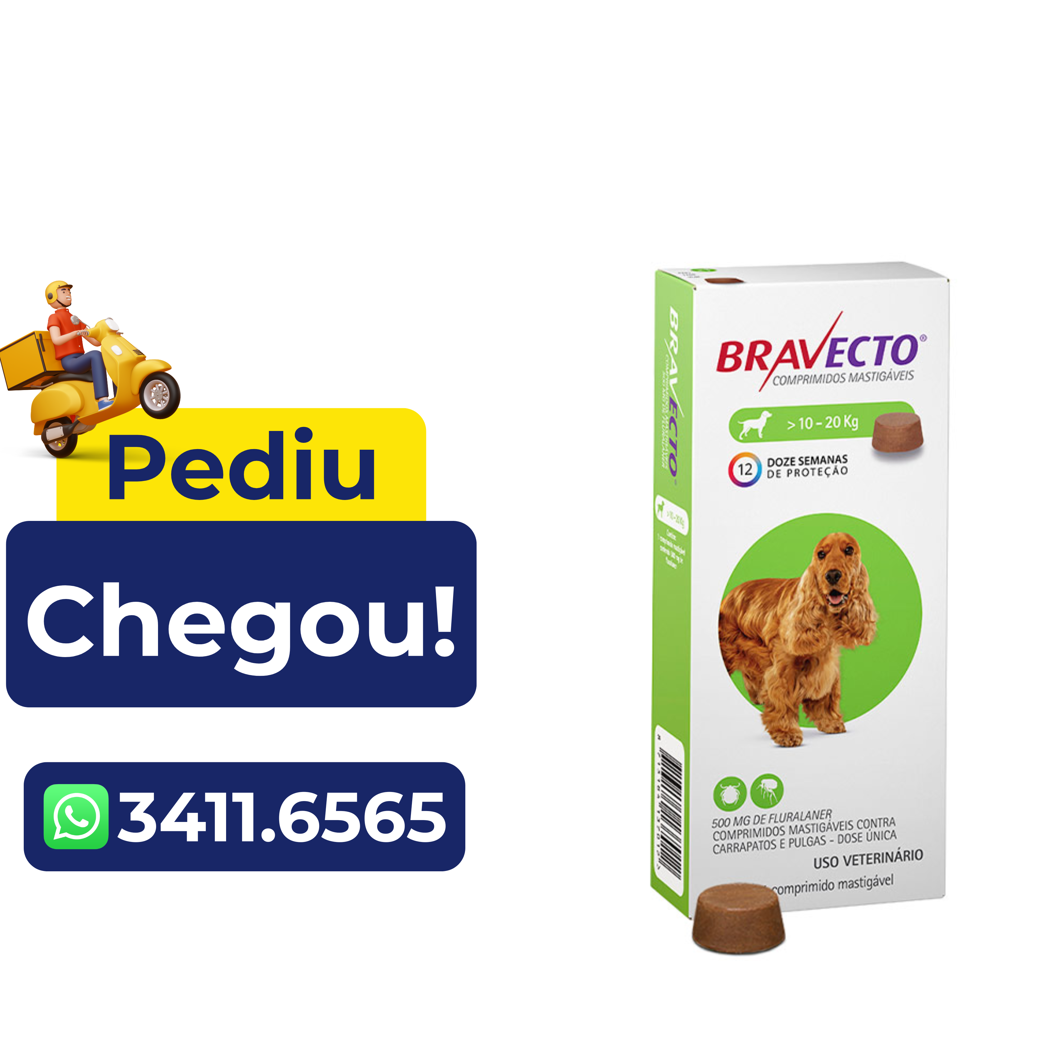 Antipulgas e Carrapatos Bravecto para Cães 10 A 20Kg – 500Mg
