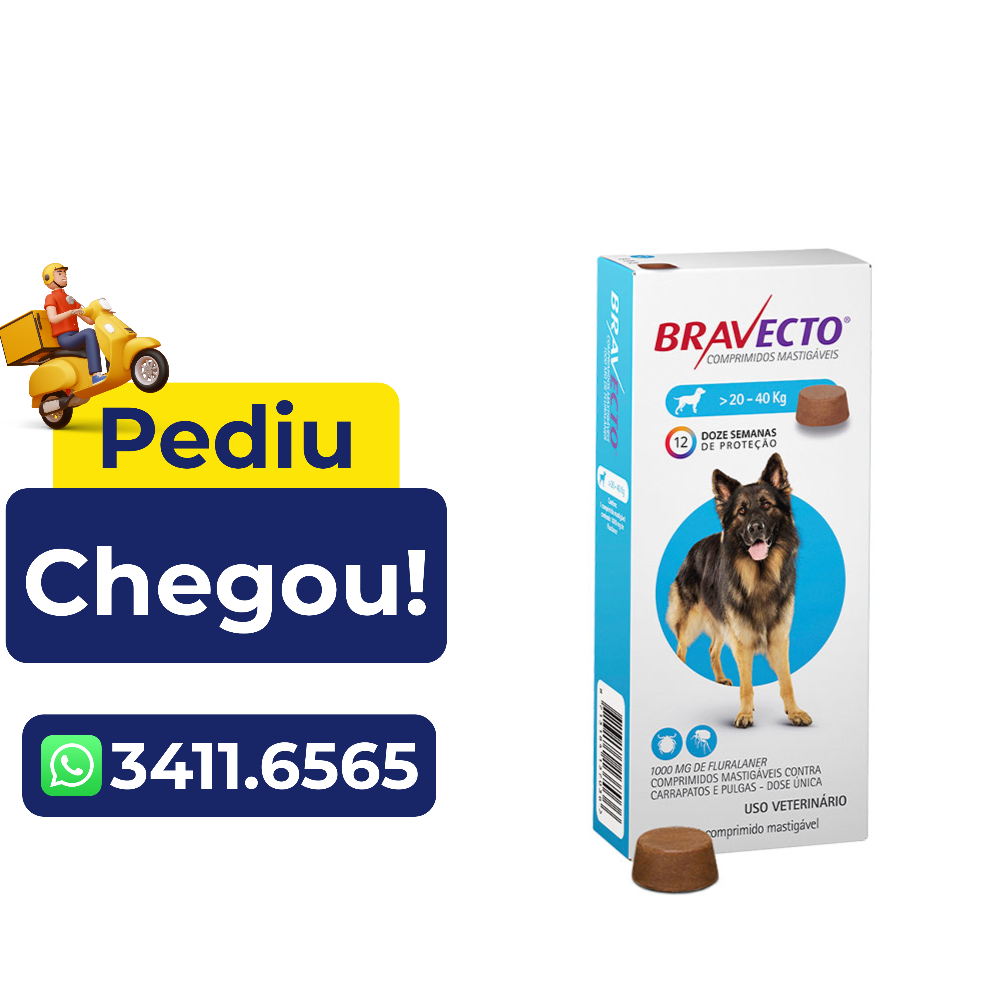 Antipulgas e Carrapatos Bravecto para Cães 20 a 40Kg – 1000Mg