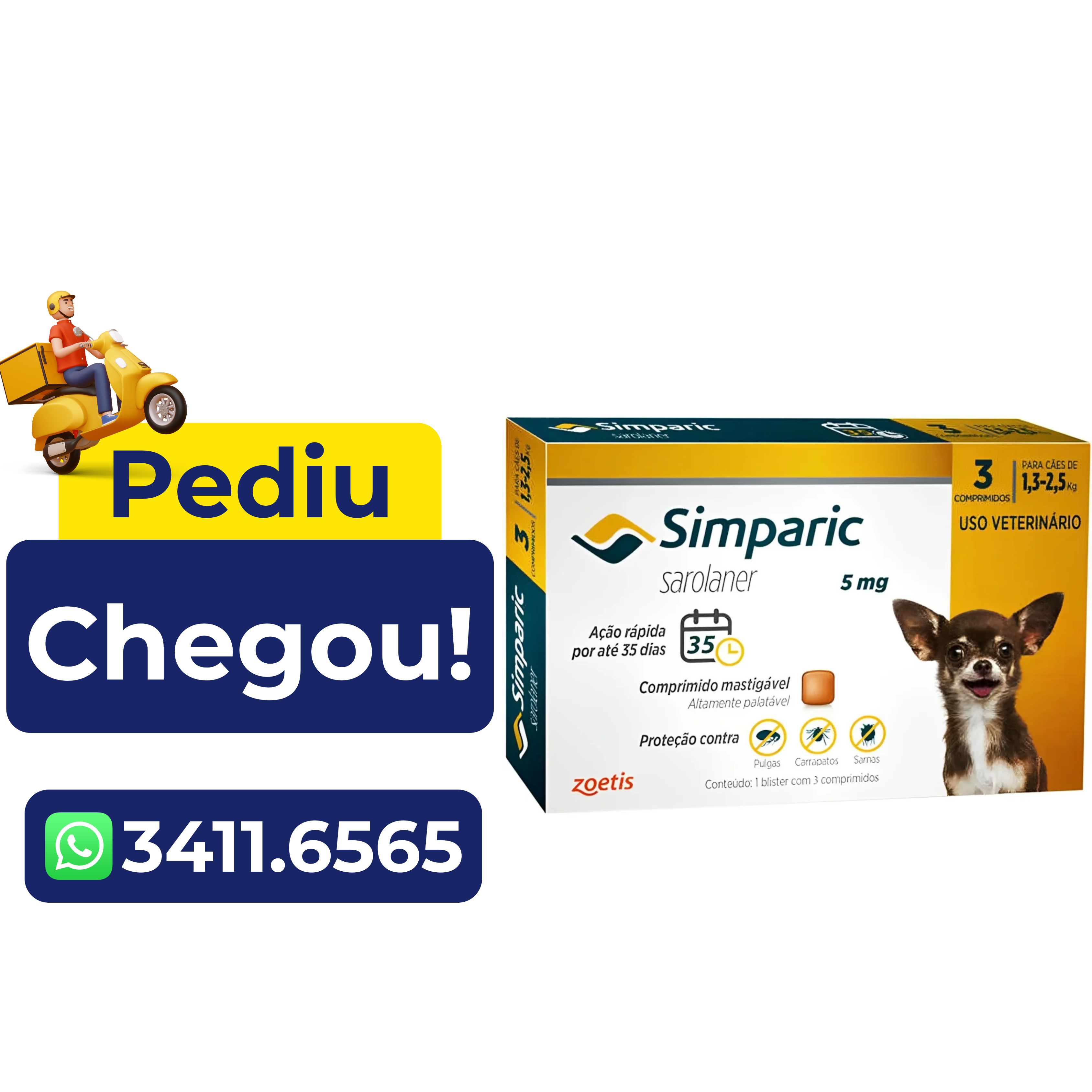 Antipulgas Simparic Zoetis 5 mg para Cães com 1,3 kg a 2,5 kg – 3 Comprimidos