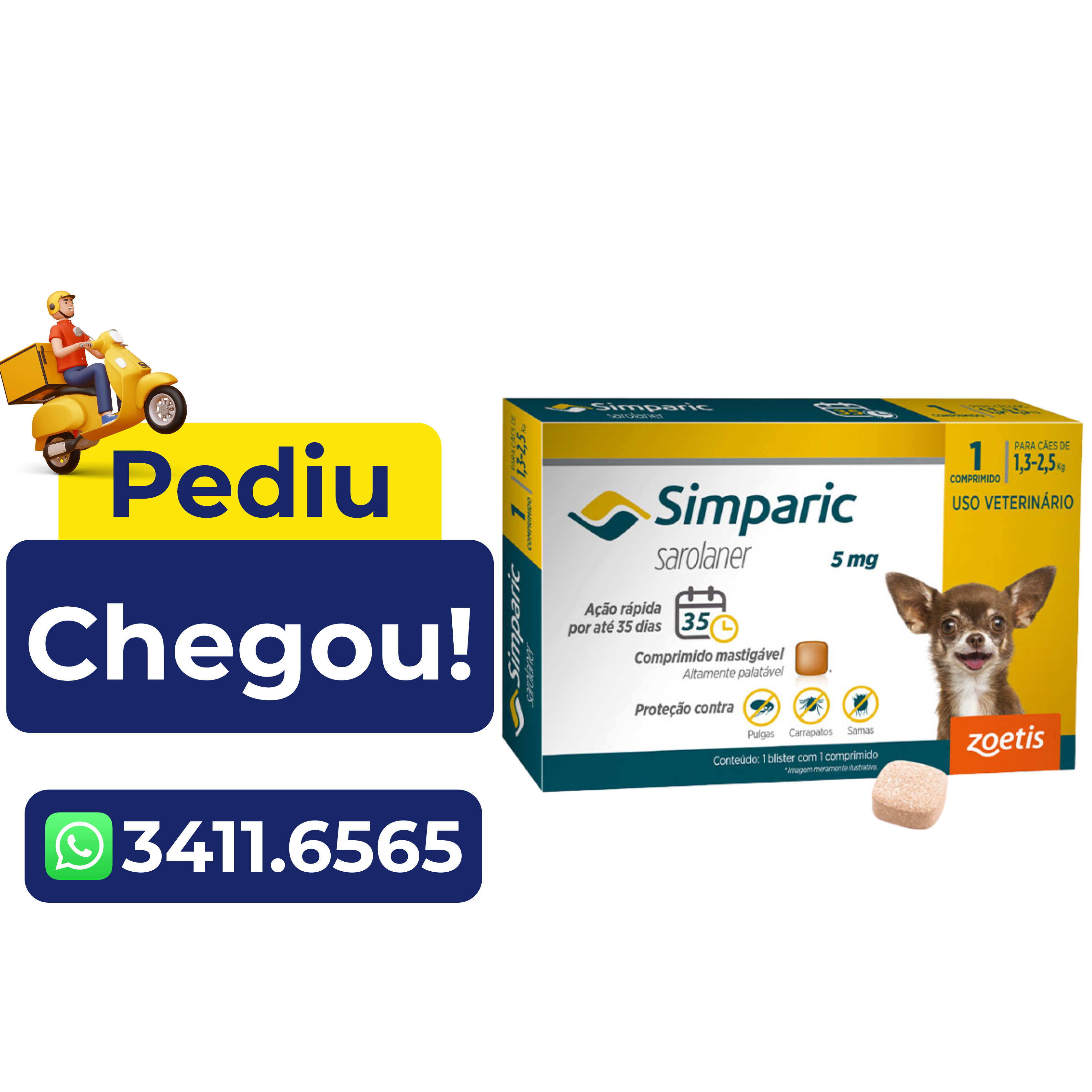 Antipulgas Simparic Zoetis 5 mg para Cães com 1,3 kg a 2,5 kg – 1 Comprimido