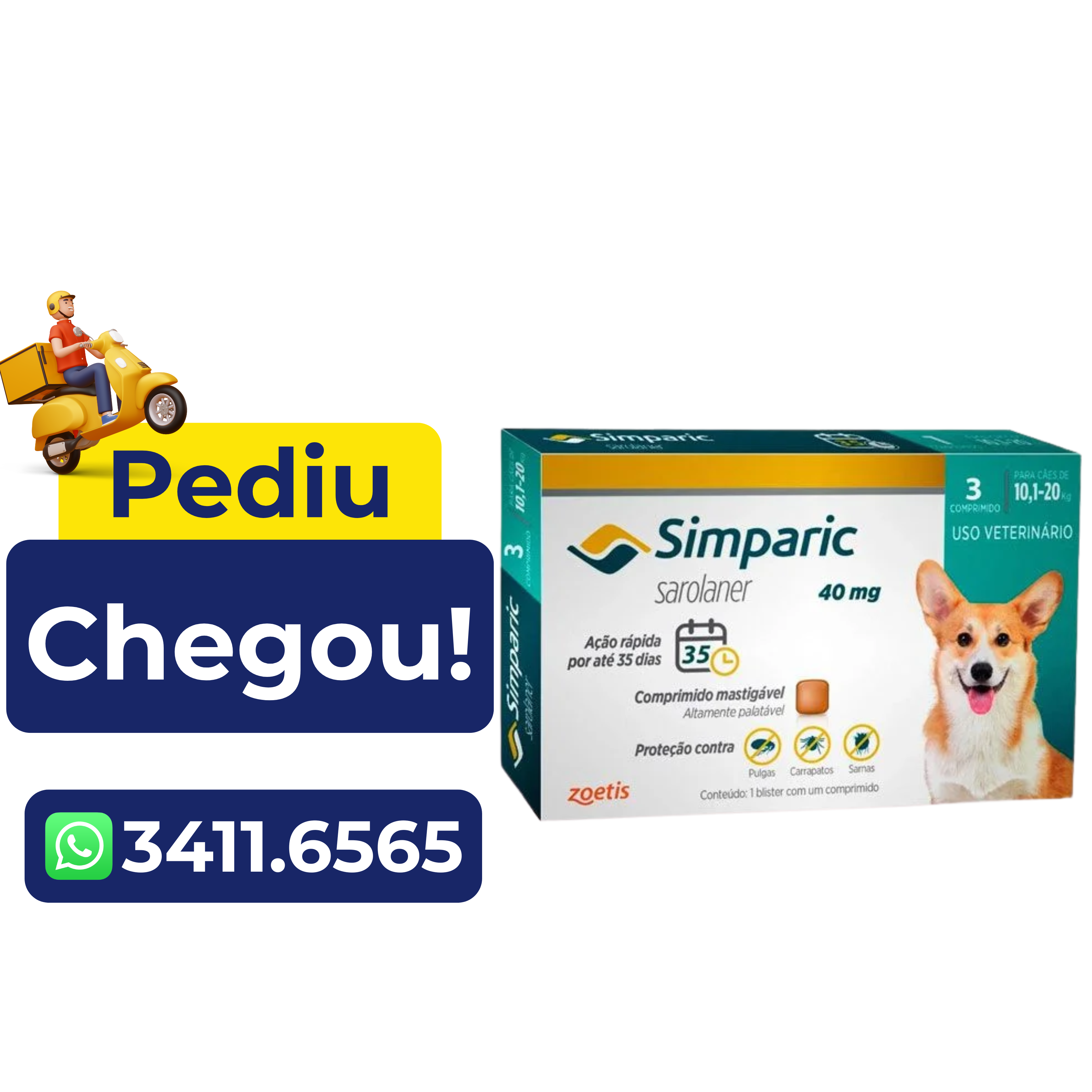 Antipulgas Simparic Zoetis 40 mg para Cães com 10,1 kg a 20 kg – 3 Comprimidos