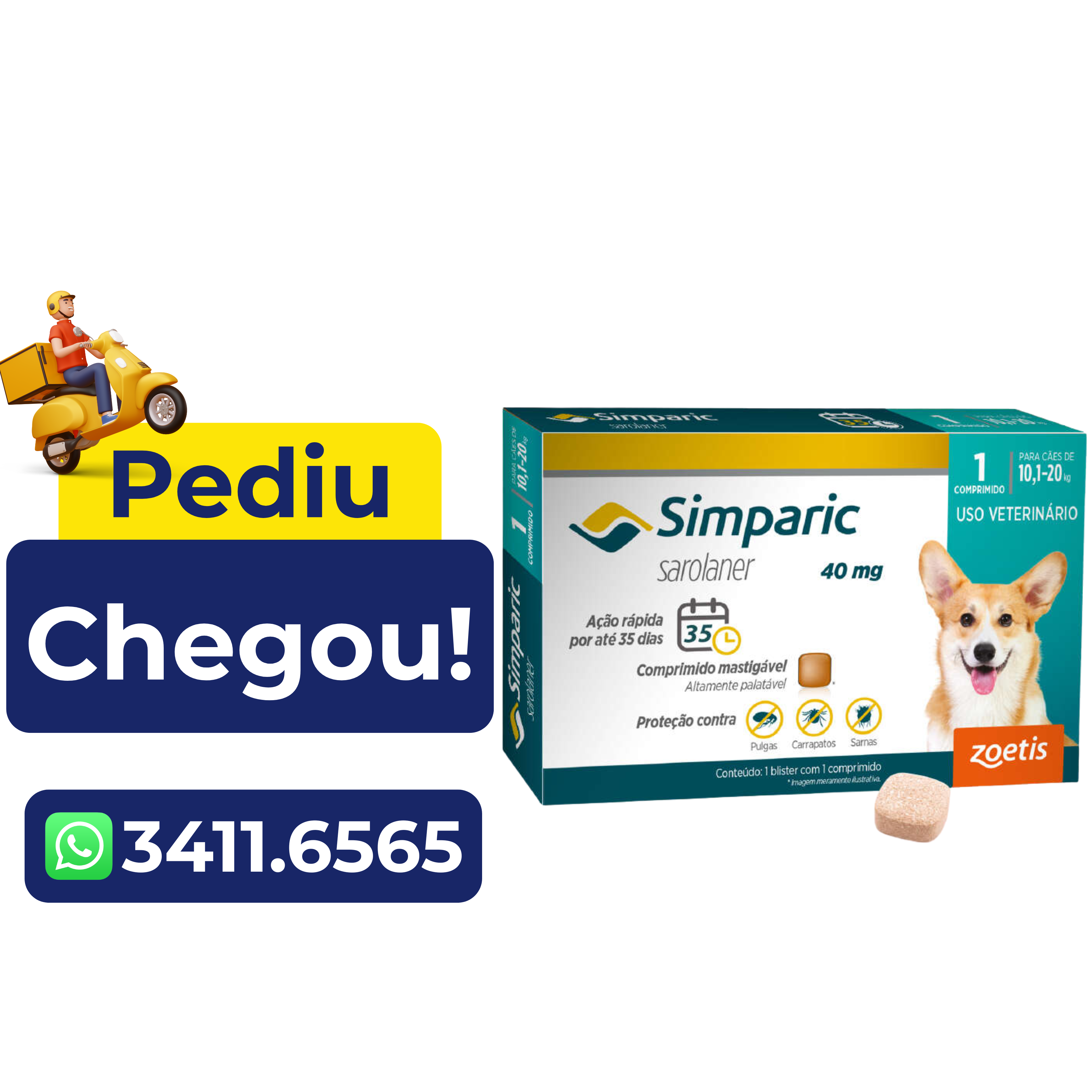 Antipulgas Simparic Zoetis 40 mg para Cães com 10,1 kg a 20 kg – 1 Comprimido