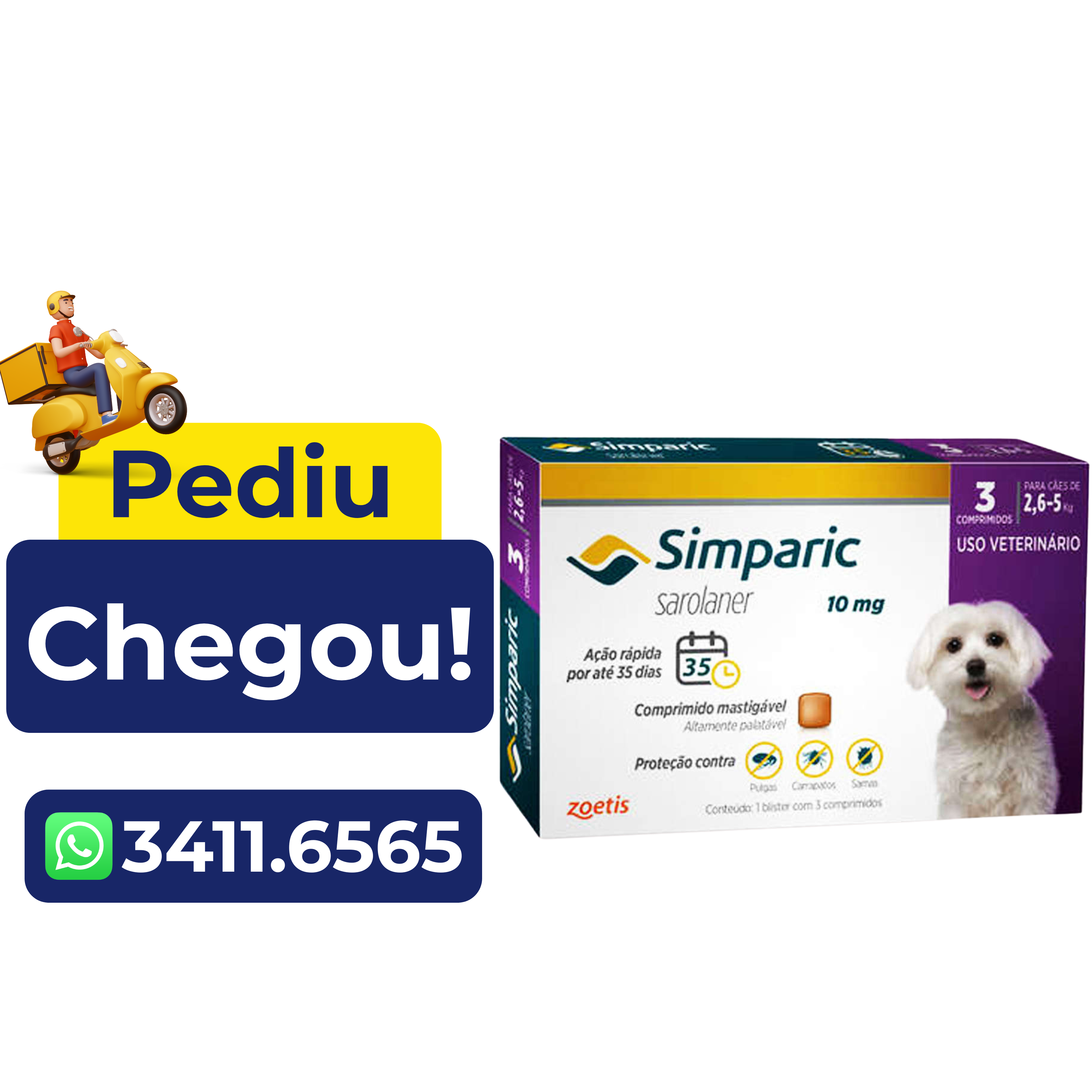 Antipulgas Simparic Zoetis 10mg para Cães com 2,6kg a 5kg – 3 Comprimidos