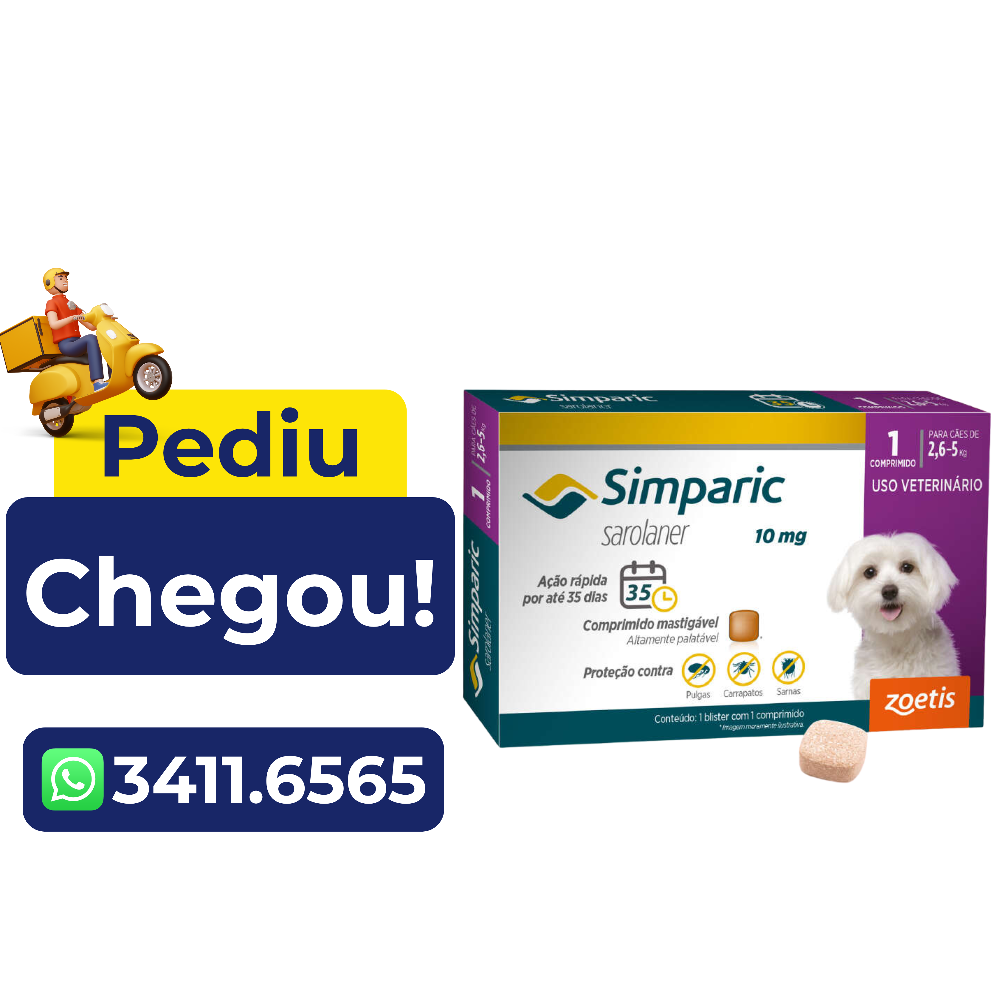 Antipulgas Simparic Zoetis 10mg para Cães com 2,6kg a 5kg – 1 Comprimido