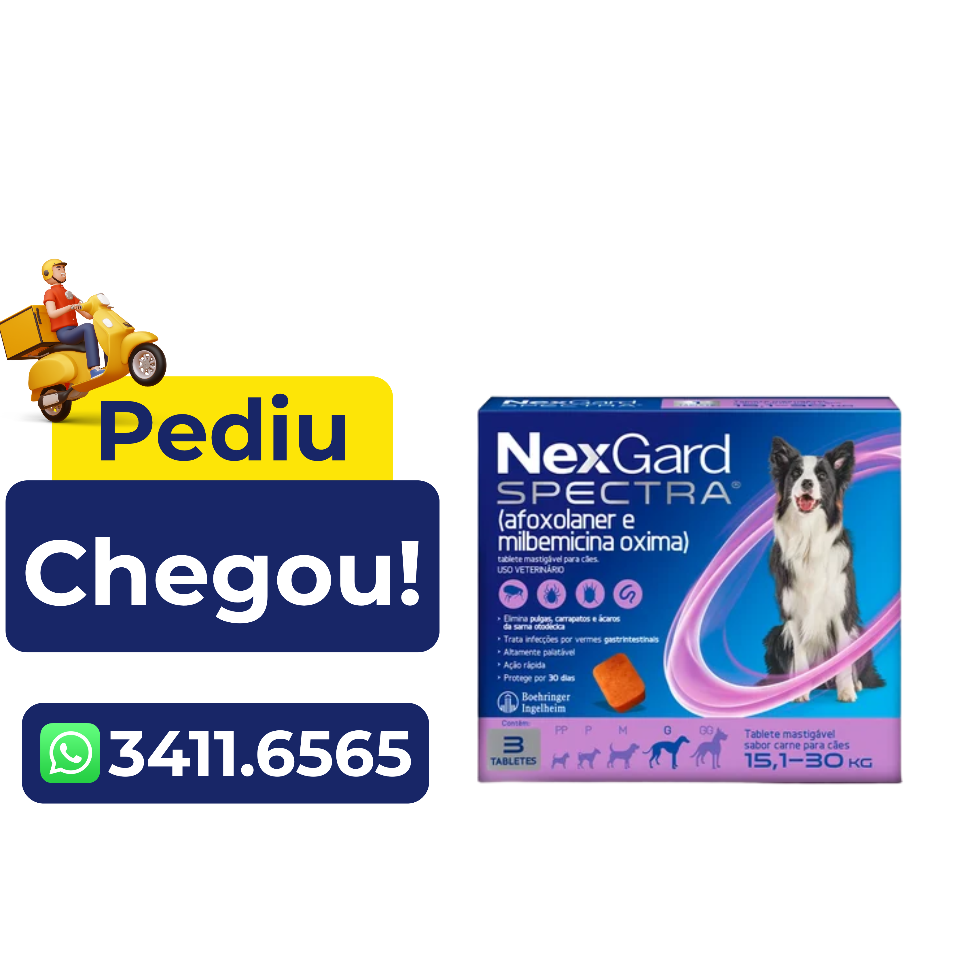 Antipulgas e Vermífugo NexGard Spectra para Cães de 15,1 a 30 kg – 3 Comprimidos