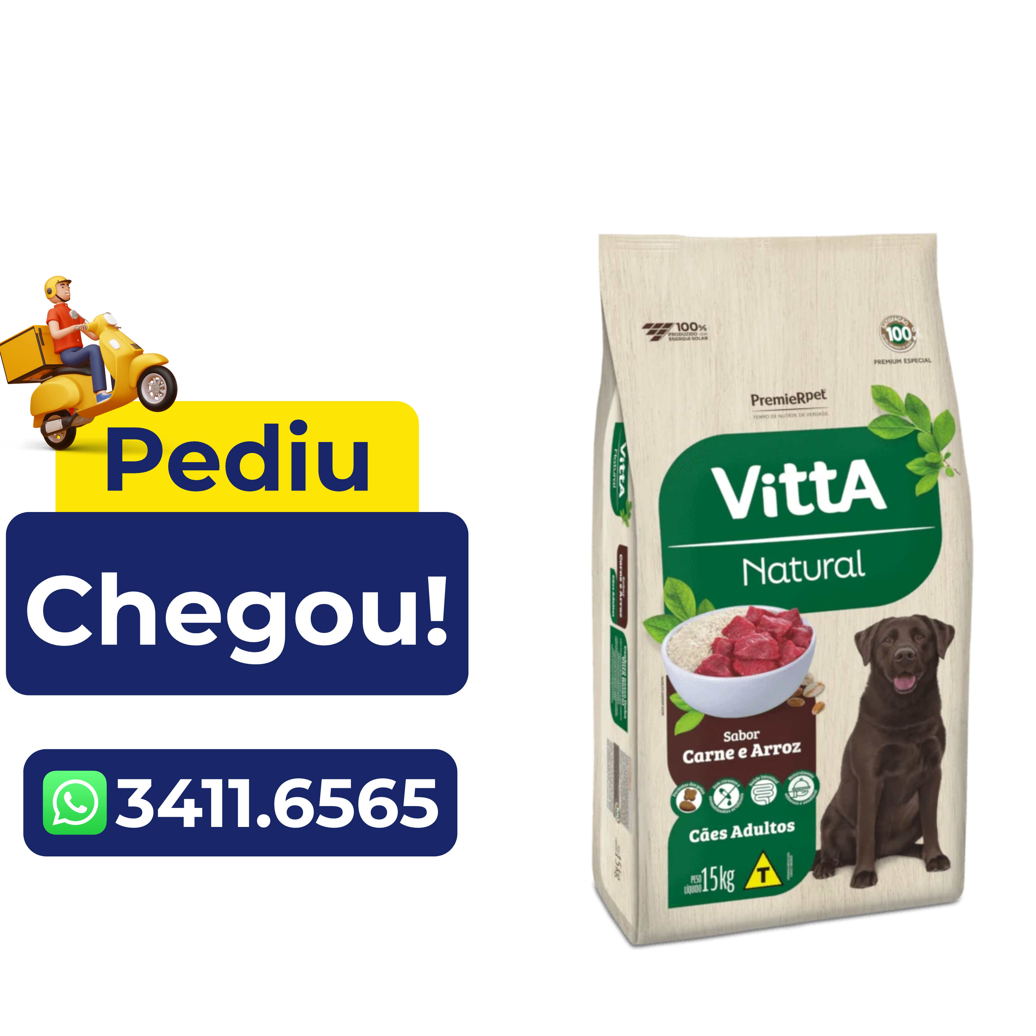 Ração Premier Vitta Natural para Cães Adultos Sabor Carne e Arroz 15kg