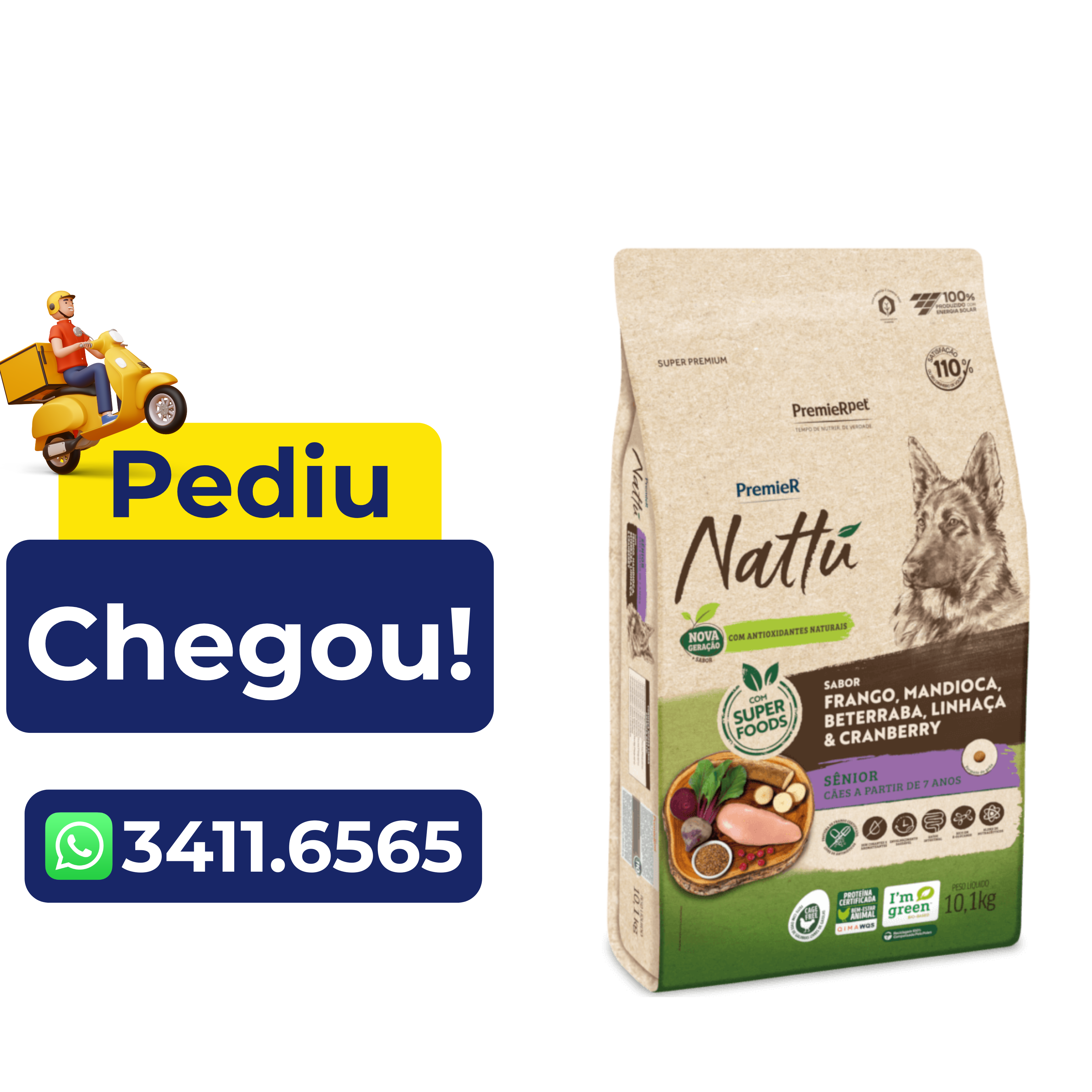 Ração Premier Nattú para Cães Idosos de Porte Médio e Grande Sabor Frango e Mandioca 10,1kg