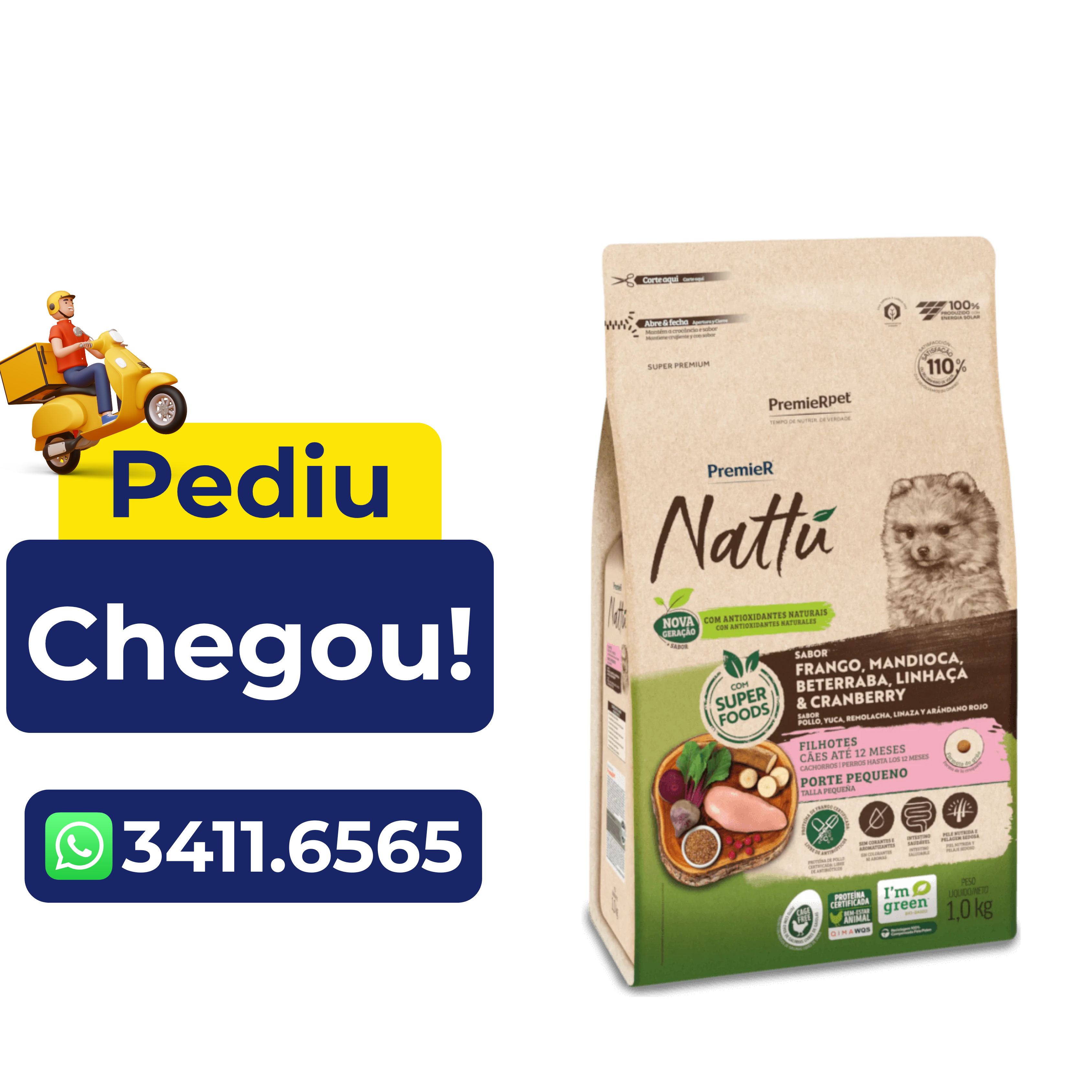 Ração Premier Nattú para Cães Filhotes de Raças Pequenas Sabor Frango e Mandioca 1kg