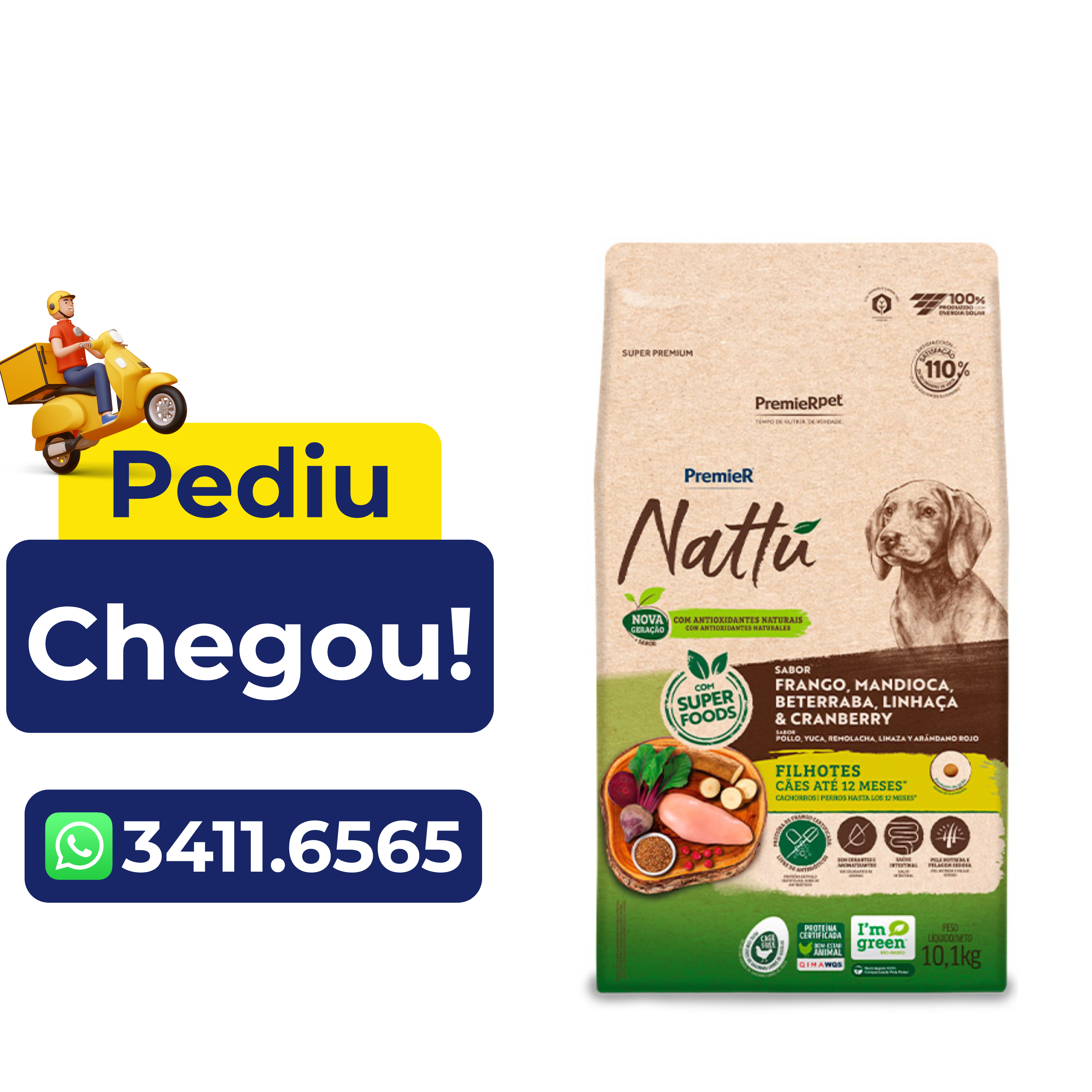 Ração Premier Nattú para Cães Filhotes Sabor Frango e Mandioca 10,1kg