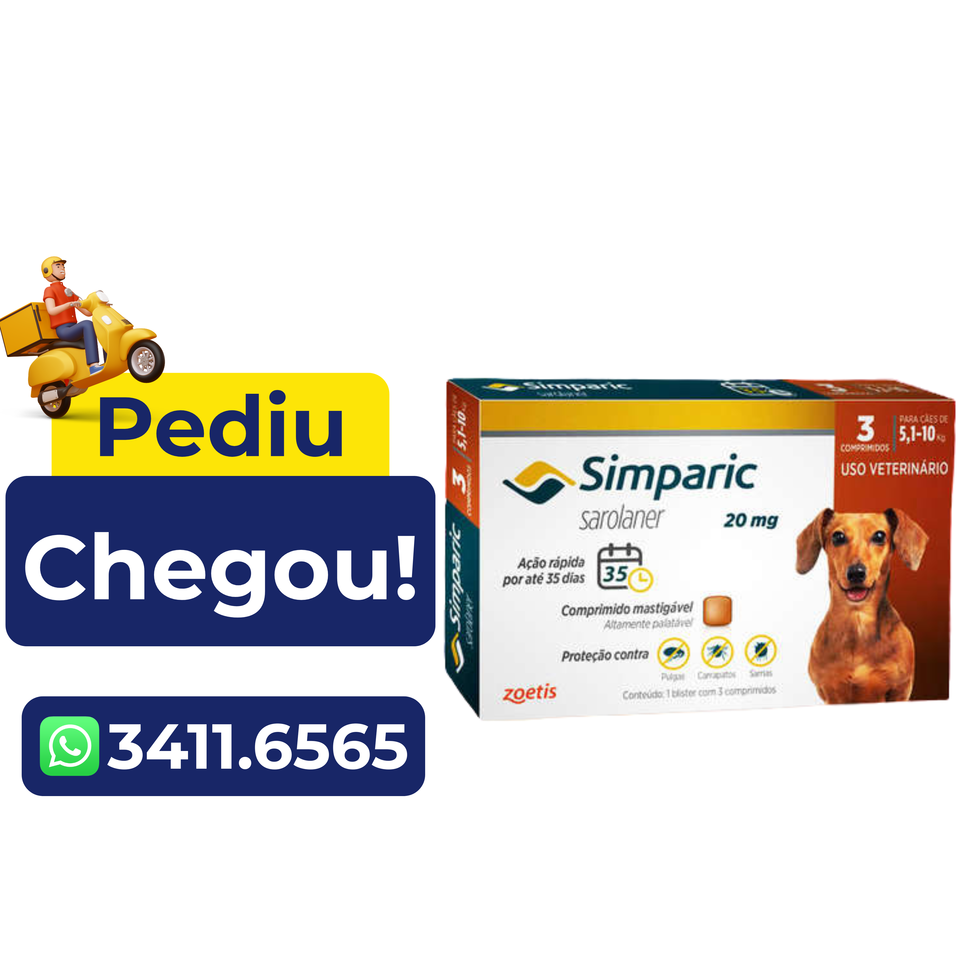 Antipulgas Simparic Zoetis 20mg para Cães com 5,1kg a 10kg – 3 Comprimidos