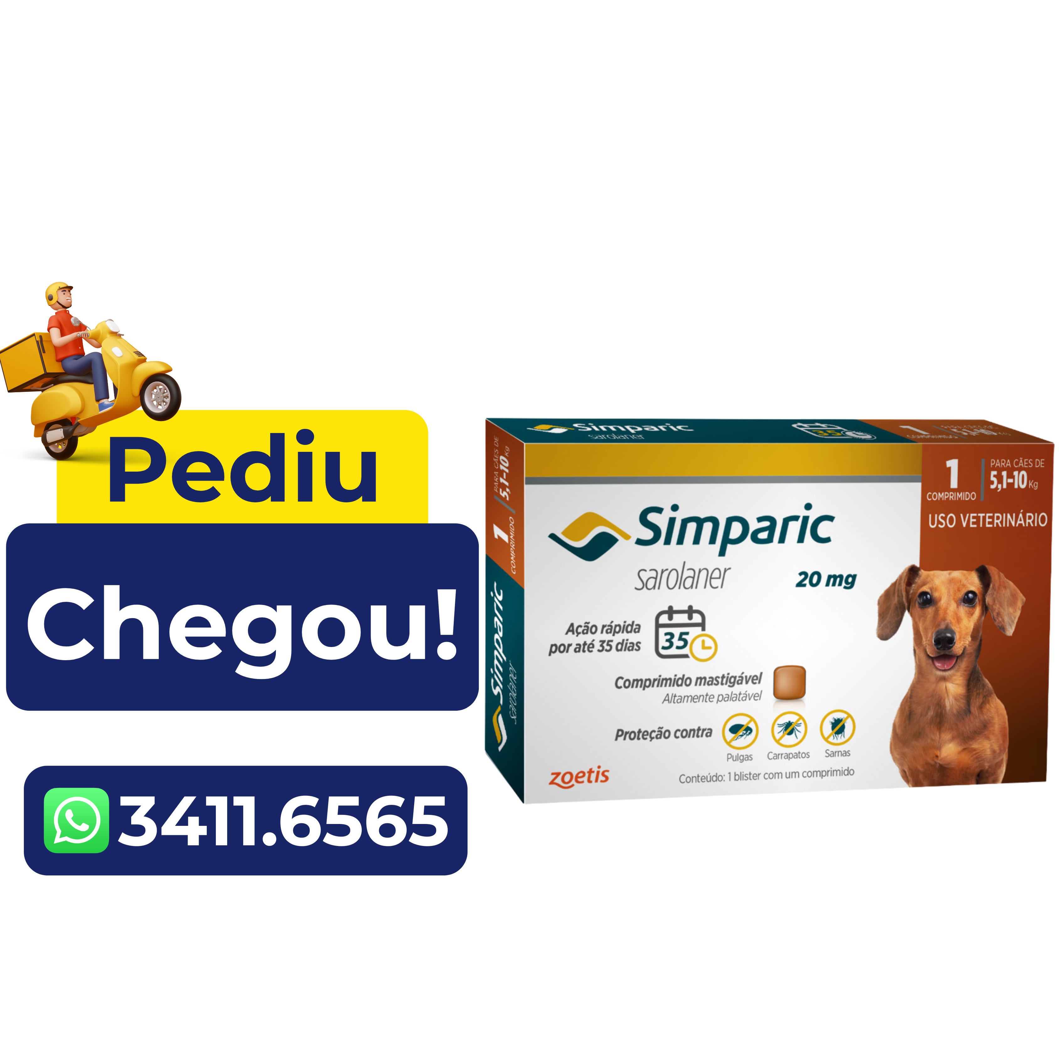 Antipulgas Simparic Zoetis 20mg para Cães com 5,1kg a 10kg – 1 Comprimido