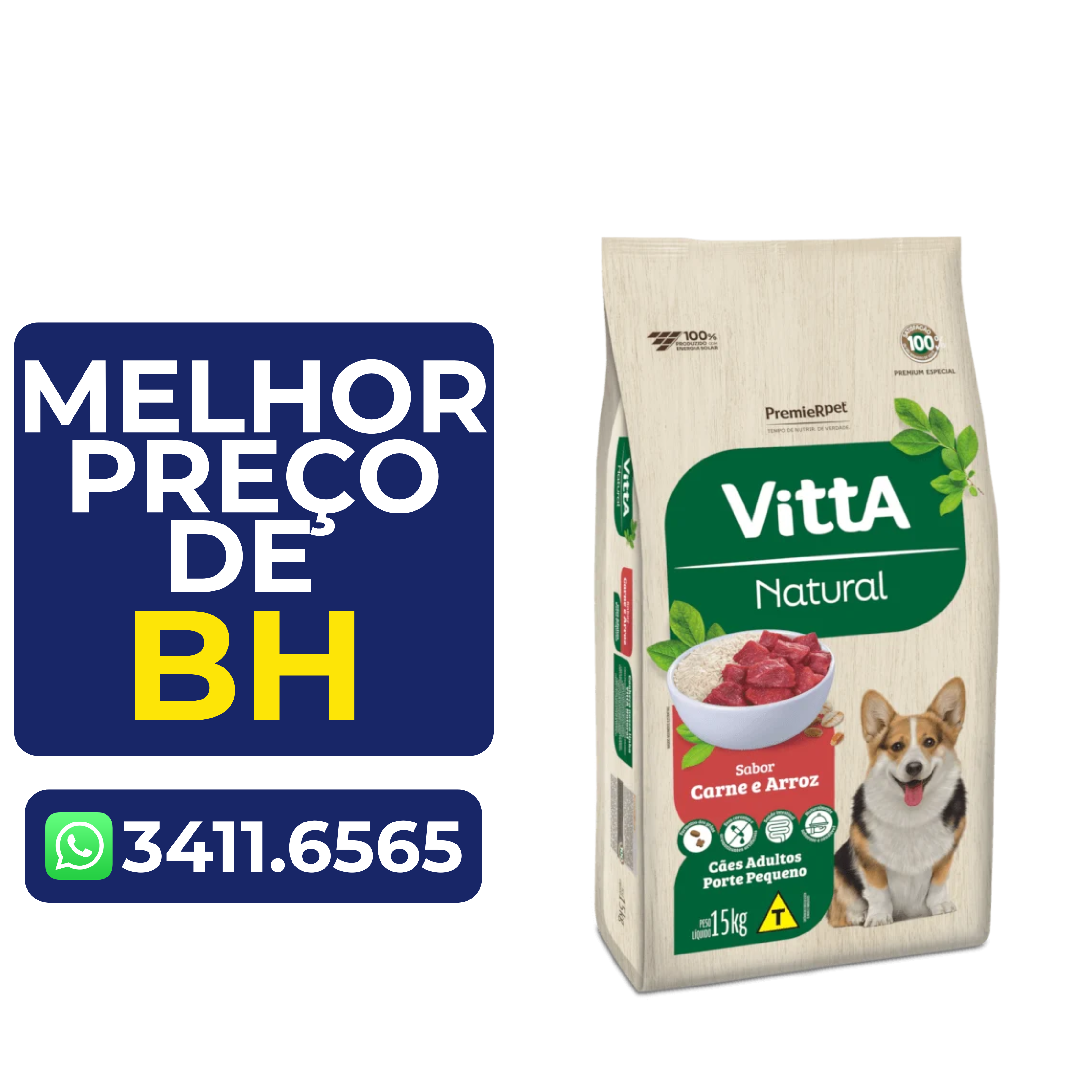 Ração Premier Vitta Natural para Cães Adultos de Pequeno Porte Carnes e Arroz 15kg