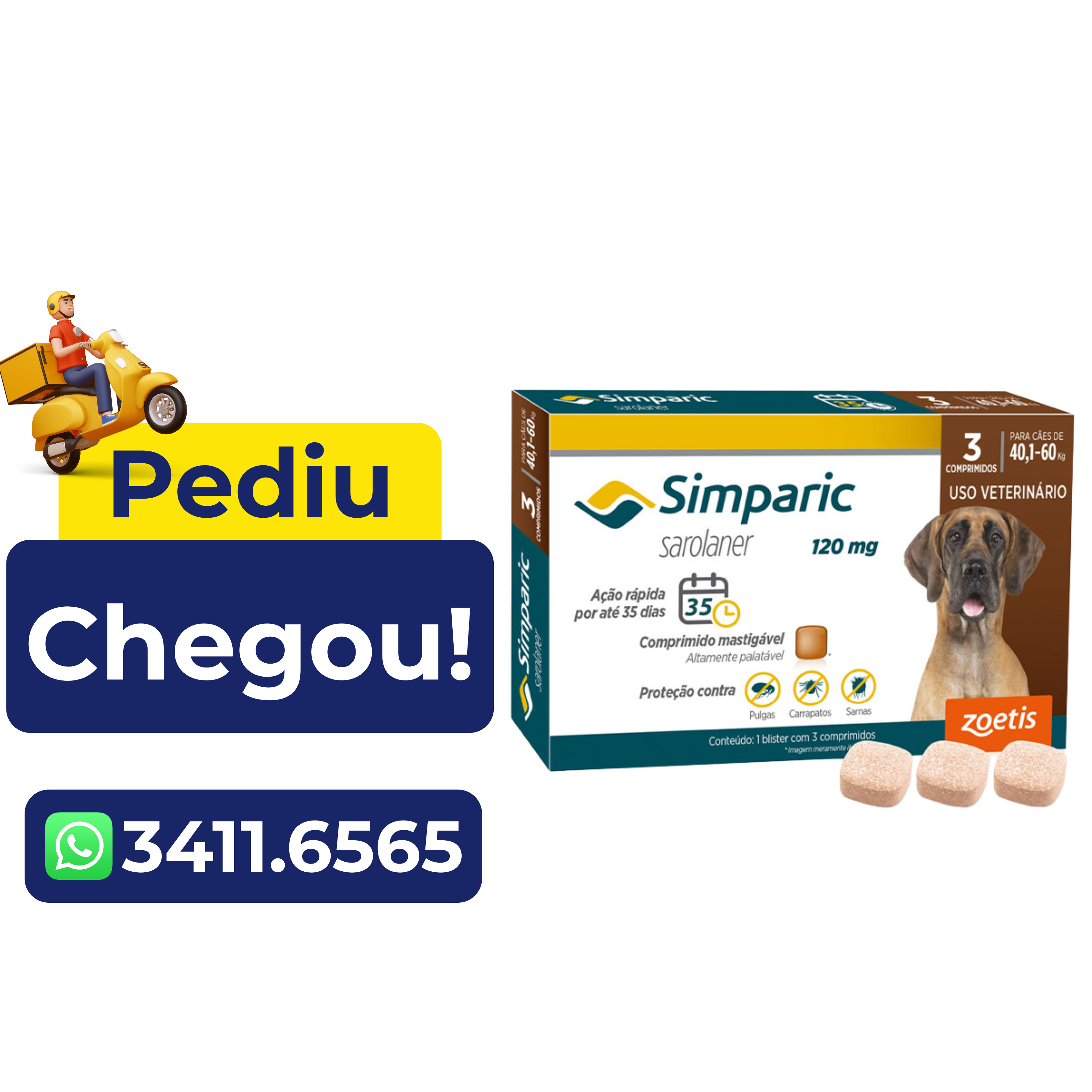 Antipulgas Simparic Zoetis 120 mg para Cães com 40,1 kg a 60 kg – 3 Comprimidos