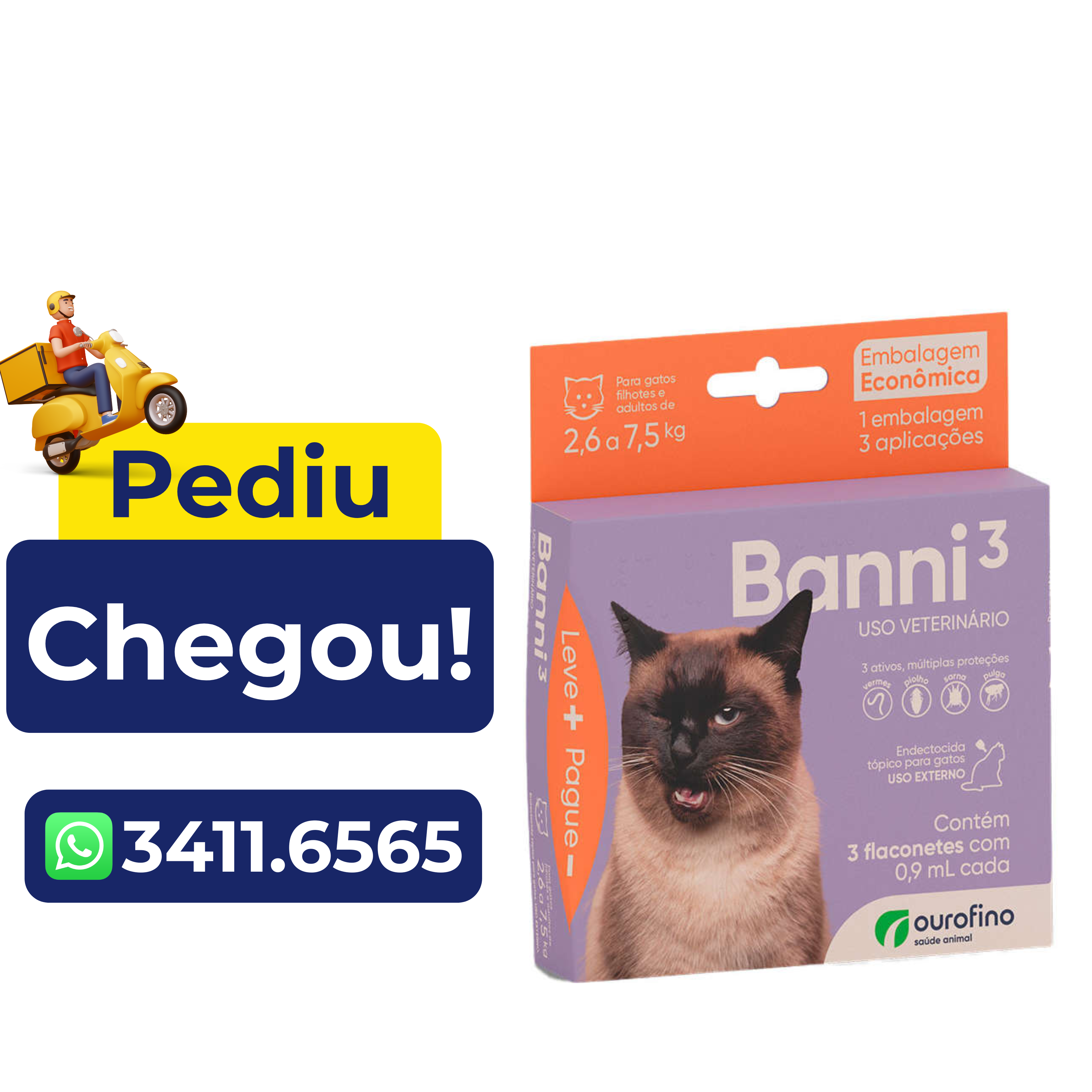 Antipulgas Ourofino Banni 3 para Gatos de 2,6 a 7,5 Kg