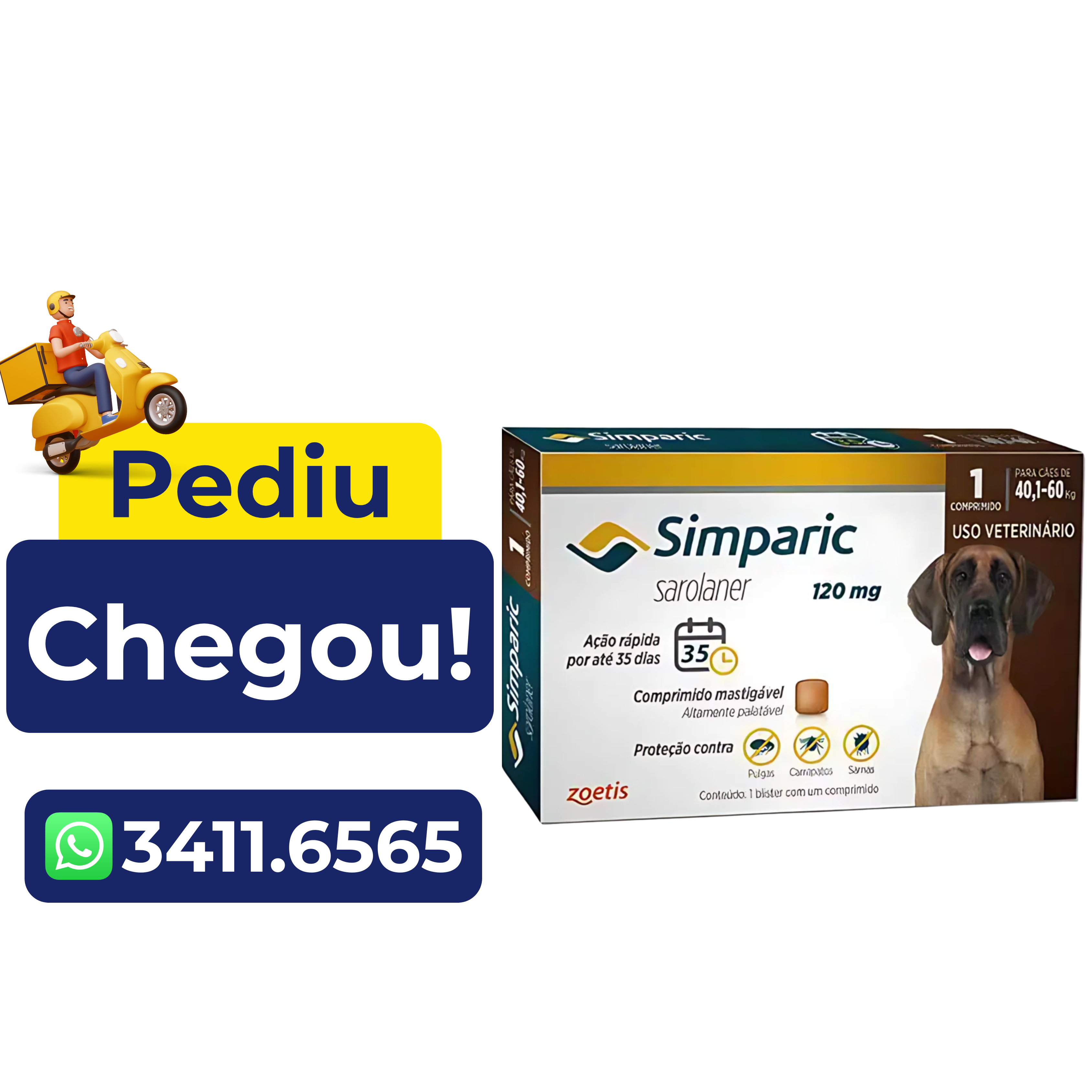 Antipulgas Simparic Zoetis 120 mg para Cães com 40,1 kg a 60 kg – 1 Comprimido
