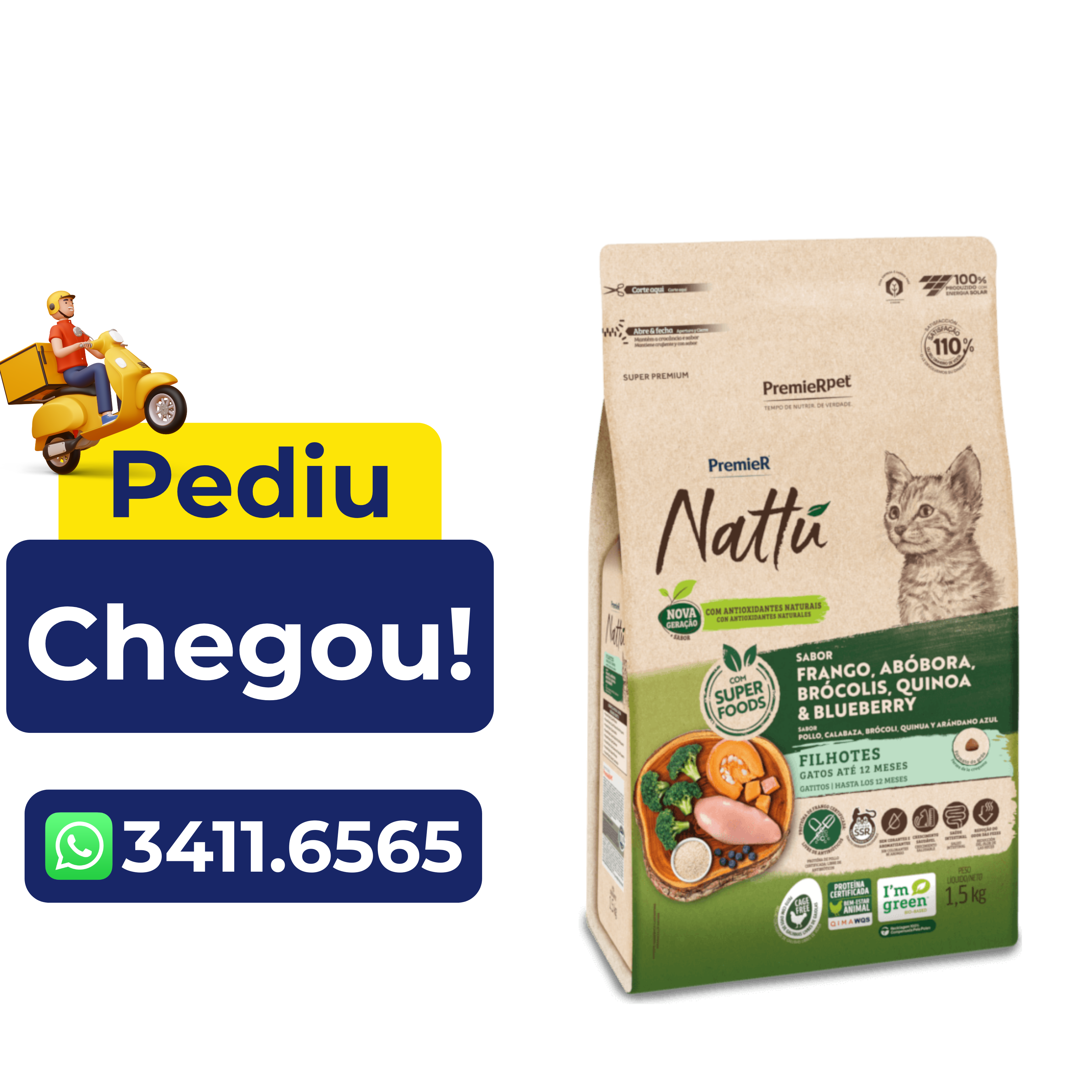 Ração Premier Nattú para Gatos Filhotes Sabor Abóbora 1,5 kg