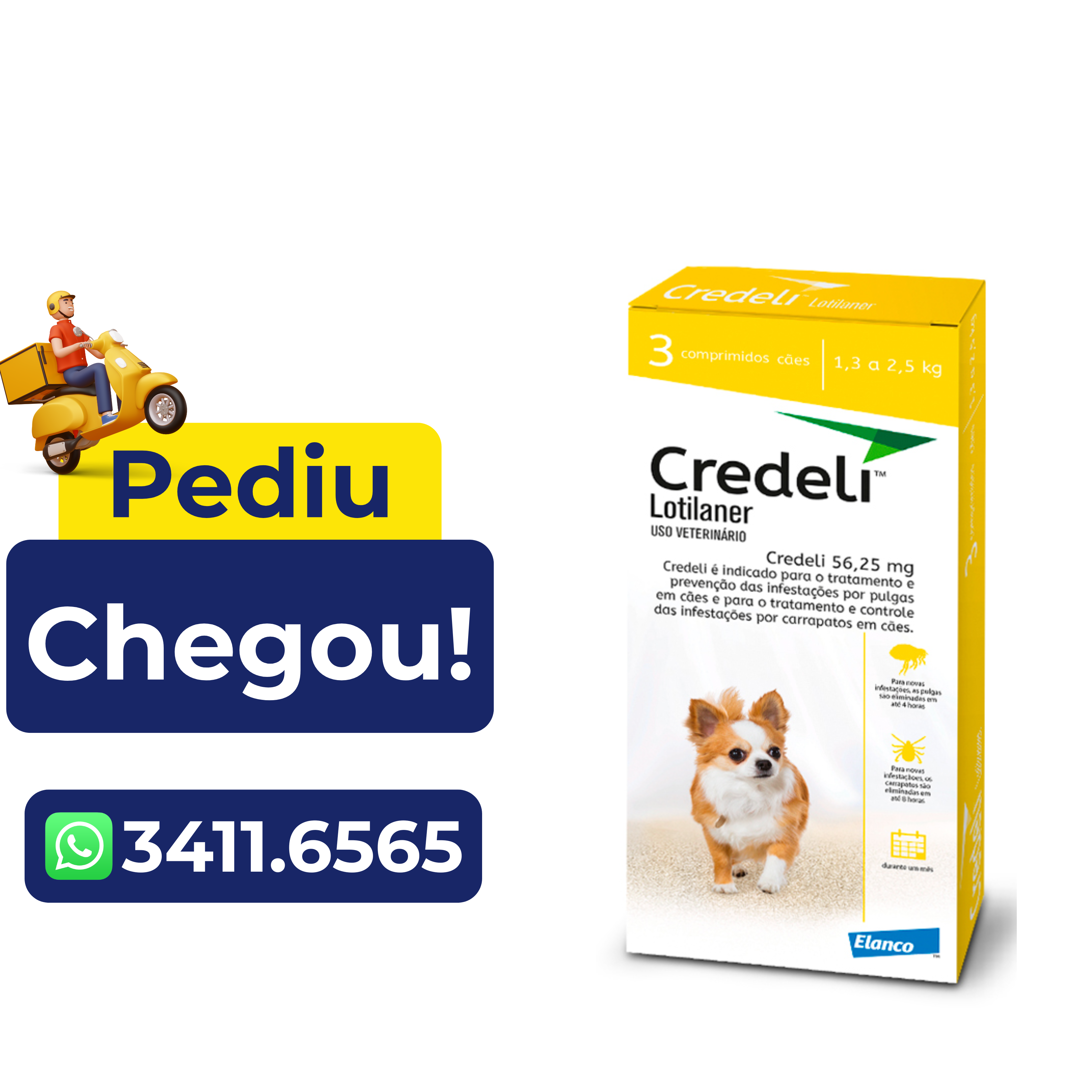 Antipulgas Credeli Elanco para Cães 1,3 a 2,5kg -3 Comprimidos