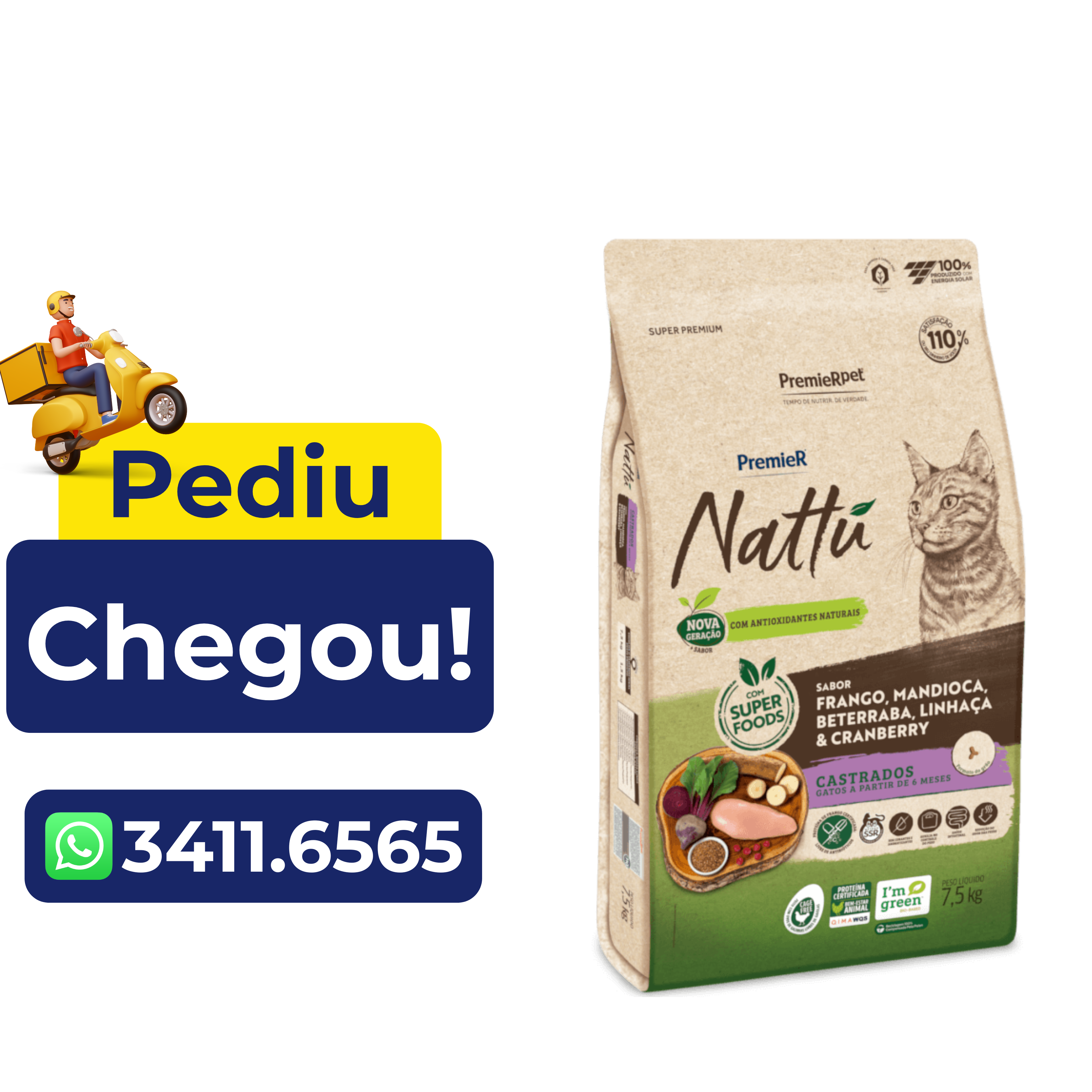 Ração Premier Nattú para Gatos Adultos Castrados Sabor Mandioca 7,5kg