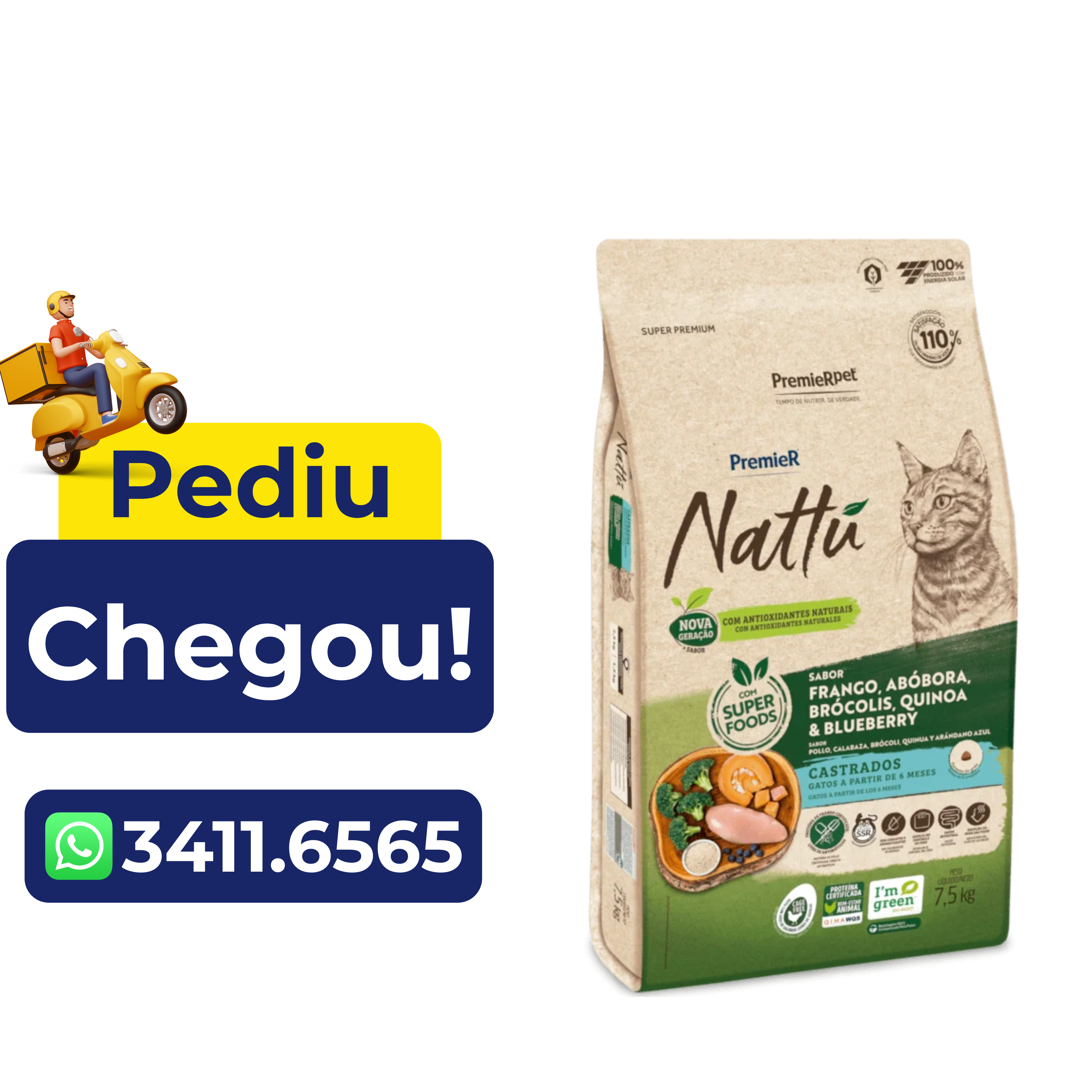 Ração Premier Nattú para Gatos Adultos Castrados Sabor Abóbora 7,5kg