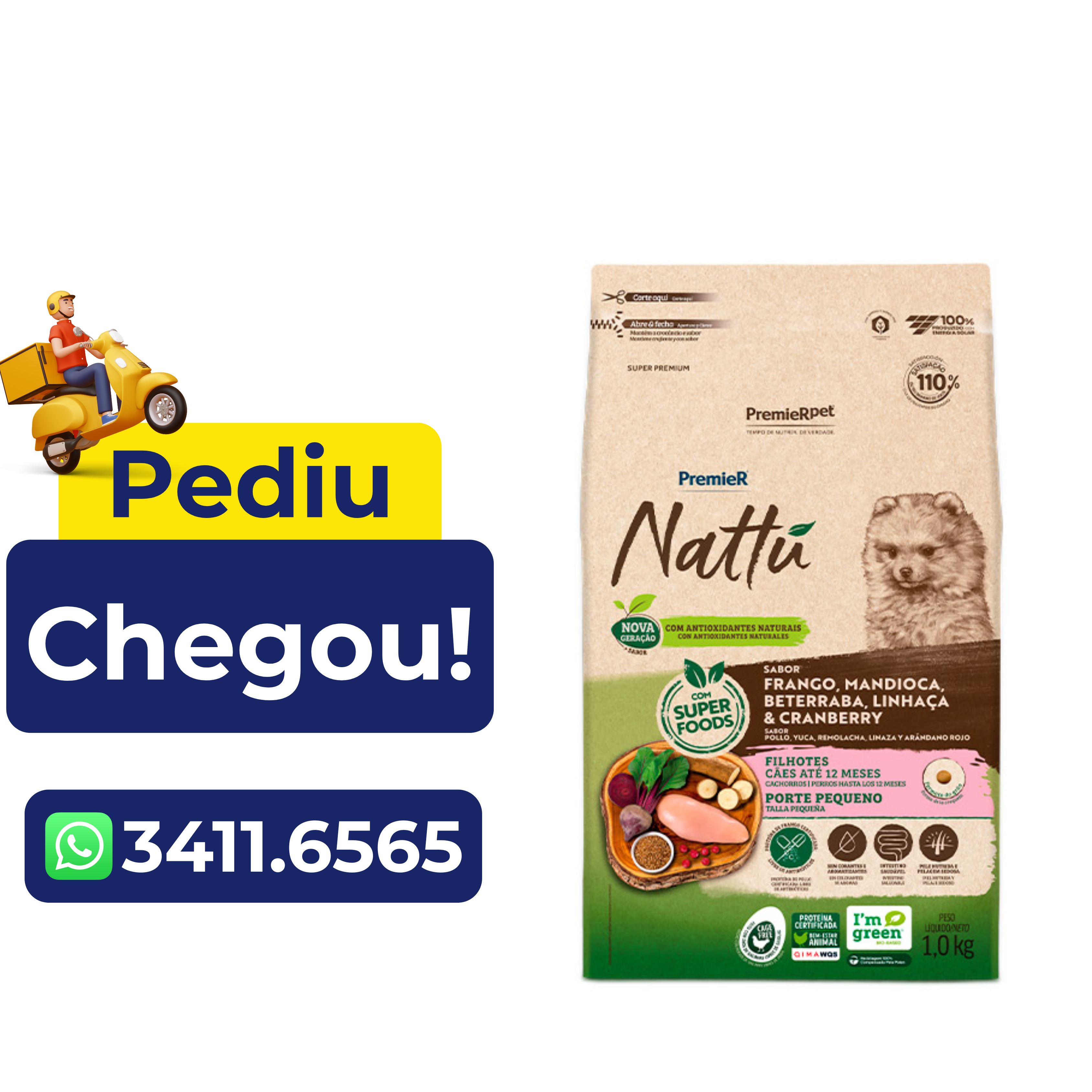 Ração Premier Nattú para Cães Filhotes de Raças Pequenas Sabor Frango e Mandioca 2,5kg