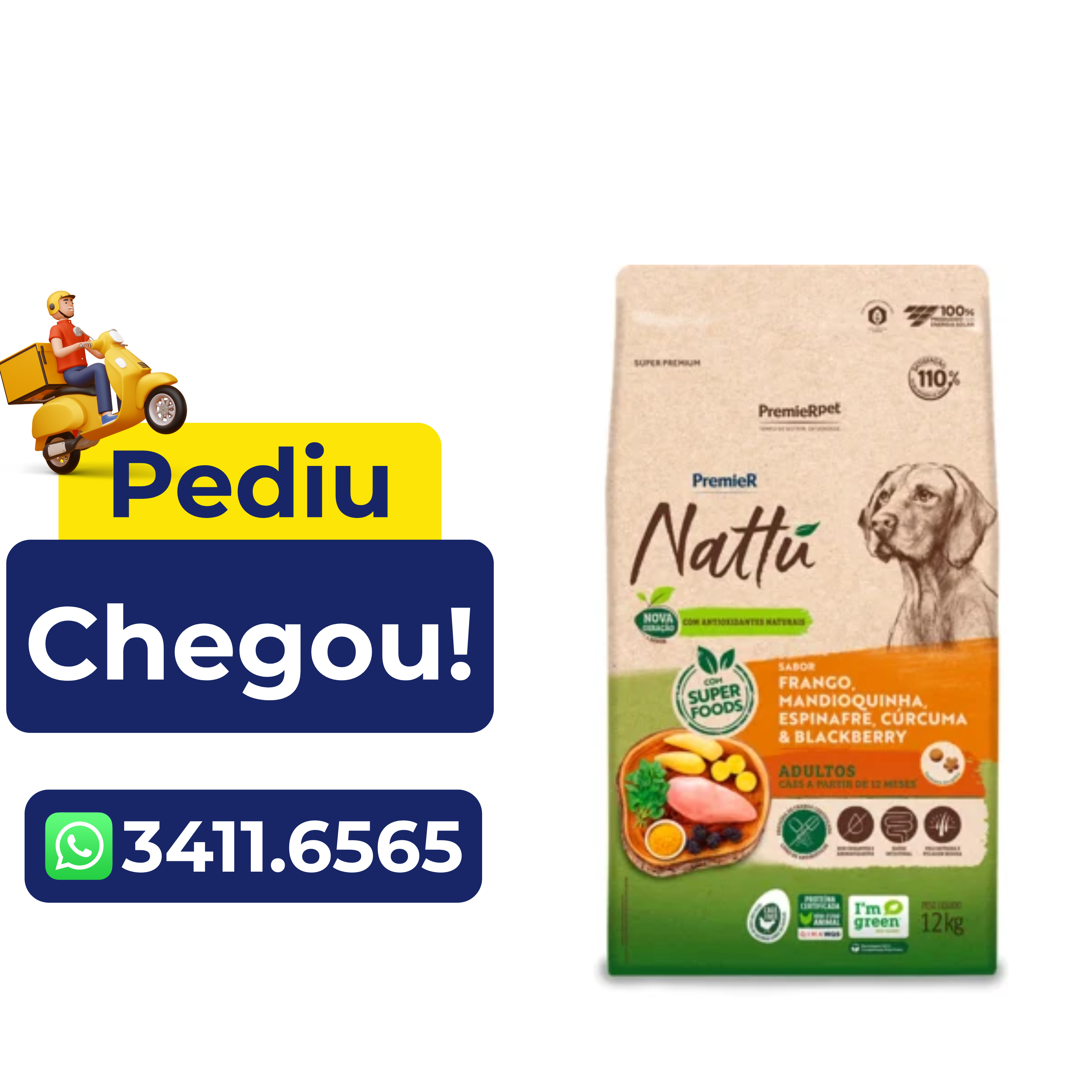 Ração Premier Nattú para Cães Adultos Frango e Mandioca 12kg