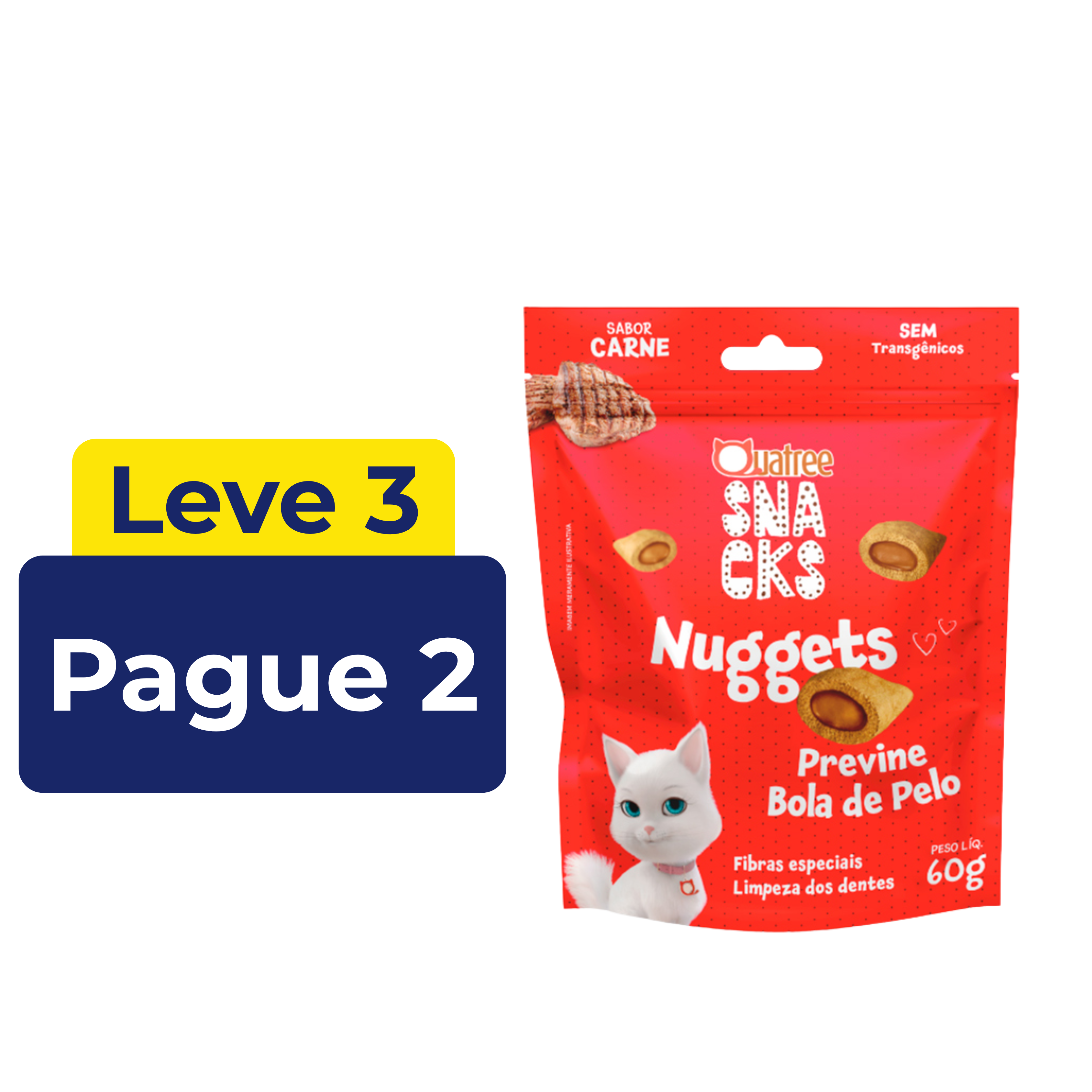 Snack Quatree Nuggets Previne Bola de Pelo para Gatos Sabor Carne 60g – Leve 3 Pague 2