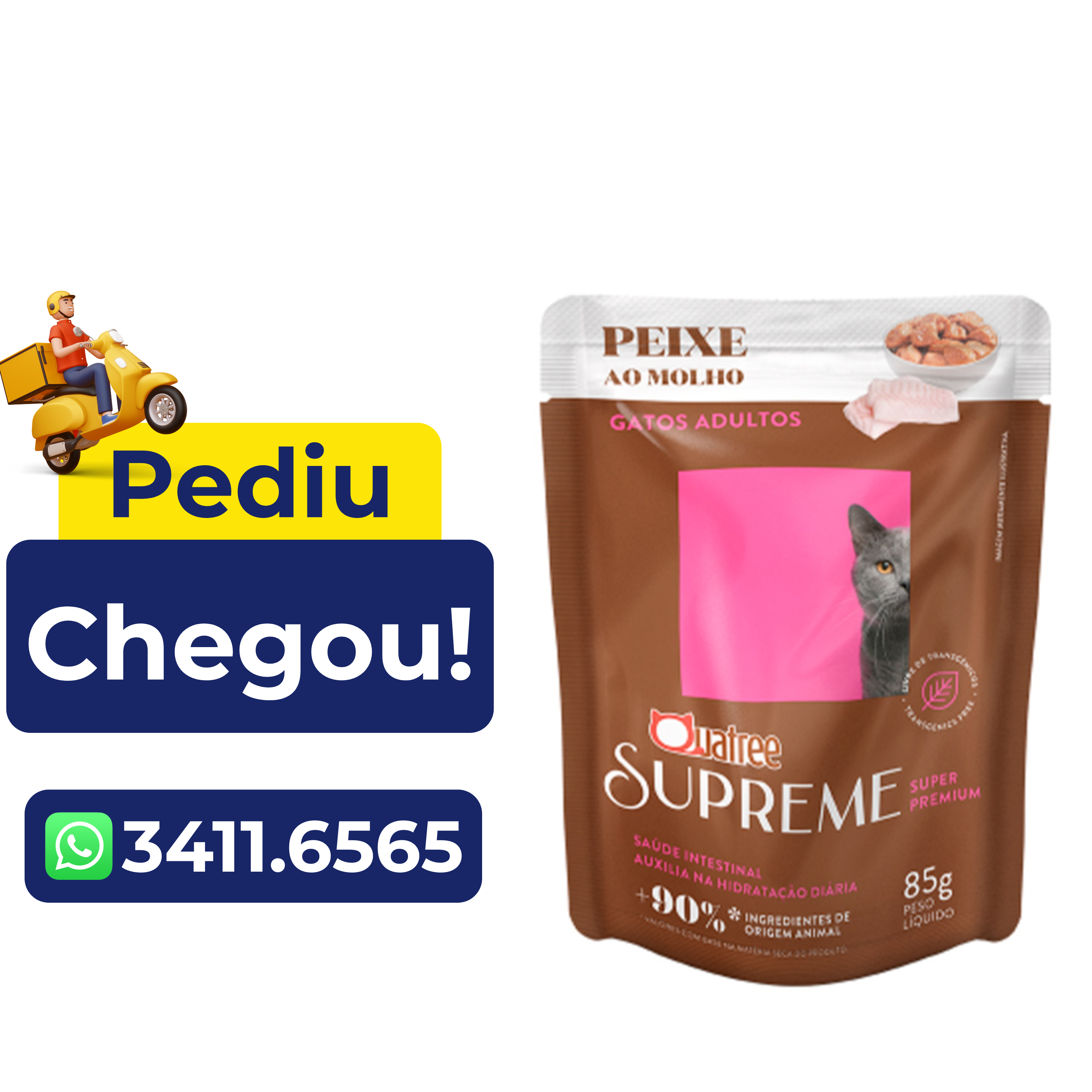 Sachê Úmido Quatree Supreme para Gatos Adultos Sabor Peixe ao Molho 85g – Leve 12 Pague 8