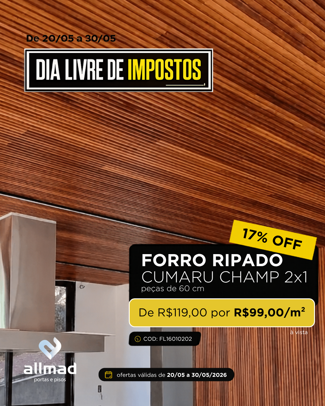Forro Ripado Cumaru Champagne 2×1 – Régua 9cm | Valor por m² | Comp 63 CM