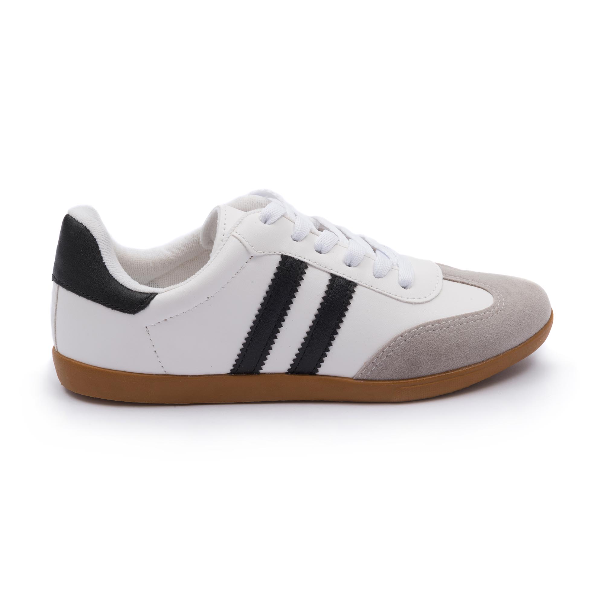 Tênis Feminino Karita Casual Branco com Detalhe em Listras Pretas e Biqueira em Camurça
