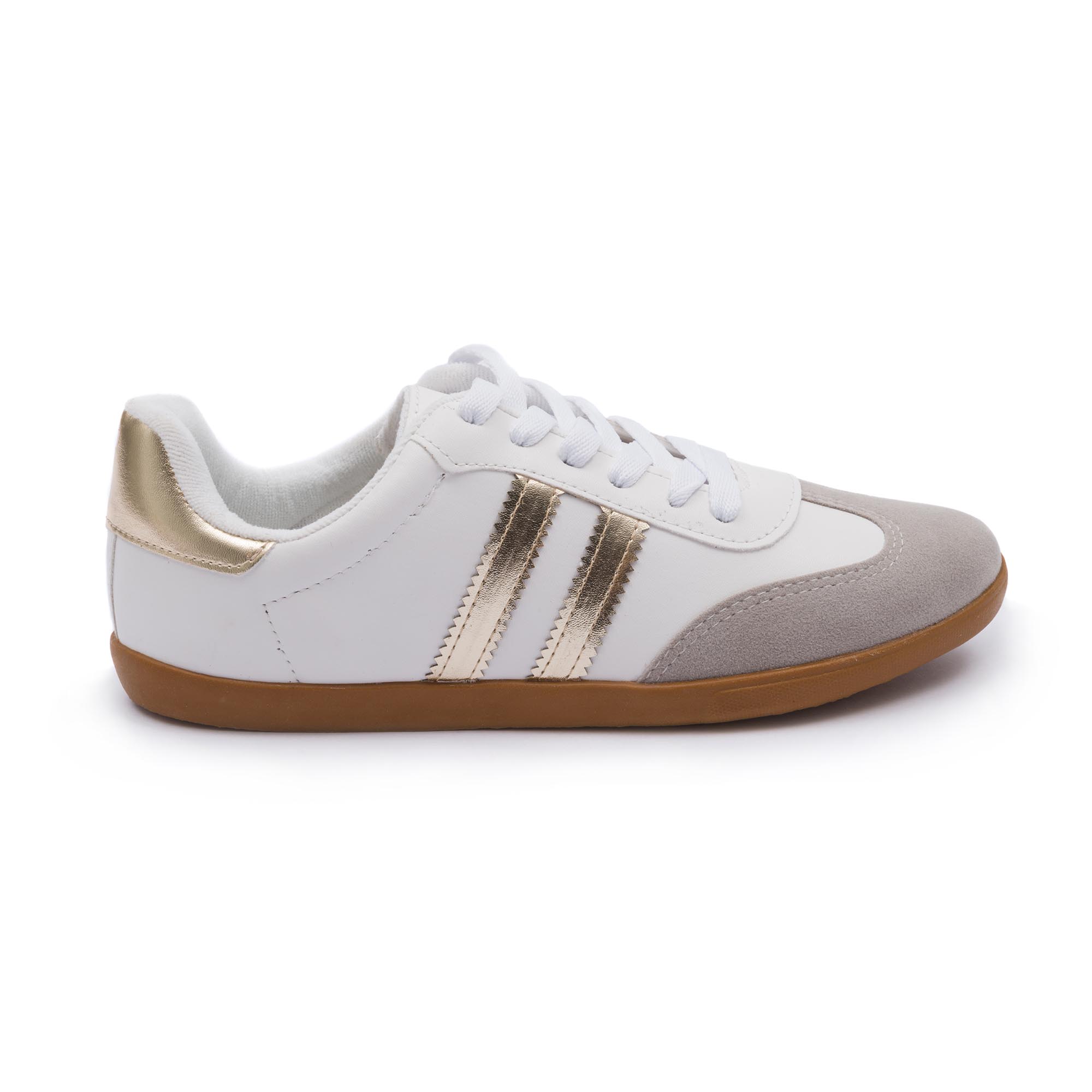 Tênis Feminino Karita Casual Branco com Detalhe em Listras Ouro e Biqueira em Camurça