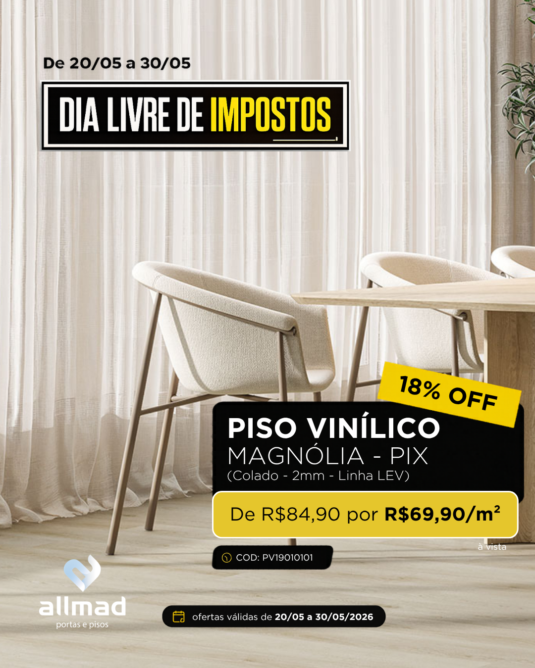 Piso Vinílico Colado 2mm Magnólia – Linha LEV – PIX | Valor por m²