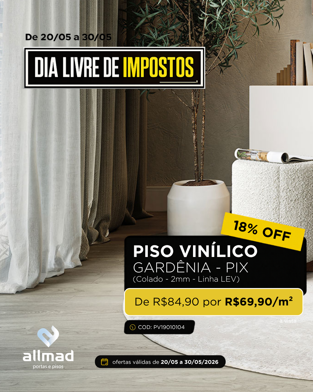 Piso Vinílico Colado 2mm Gardênia – Linha LEV – PIX | Valor por m²