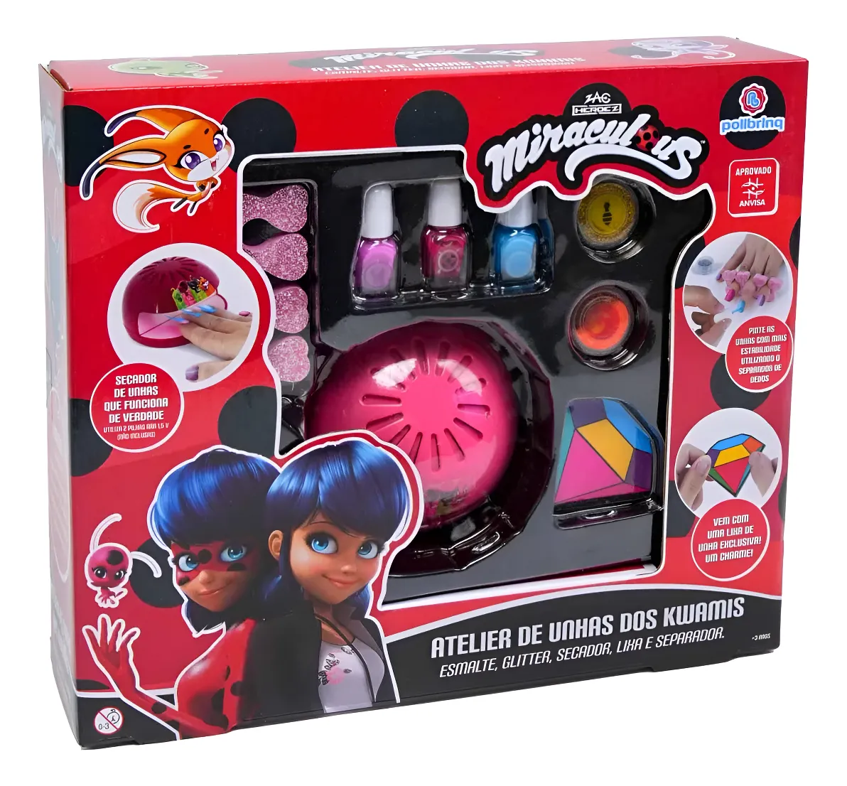 Kit Brinquedo Manicure: Mini Estufa, Lixa Infantil, 3 Esmaltes infantis Colorido e 2 potinhos de glitter