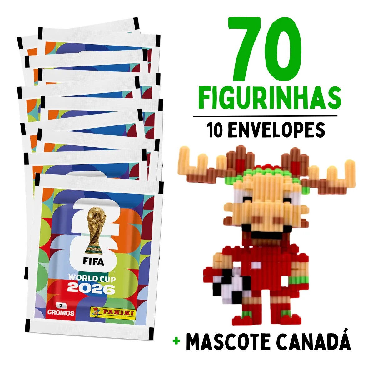 Kit Brinquedo Bloco de Montar Mascote Canadá + 70 Figurinha Copa Do Mundo Fifa 2026